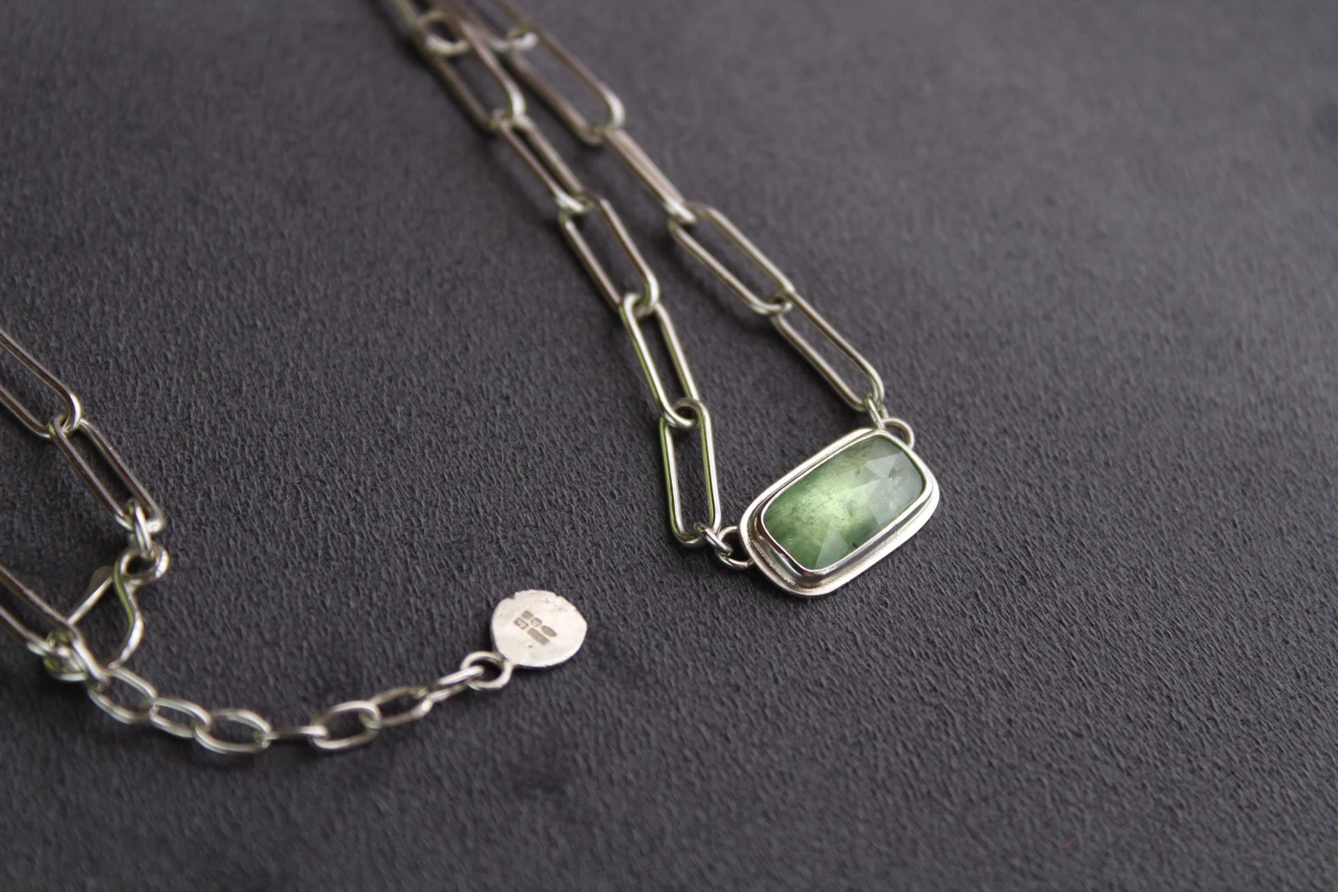 Paperclip Chain Silver Necklace with Green Kyanite