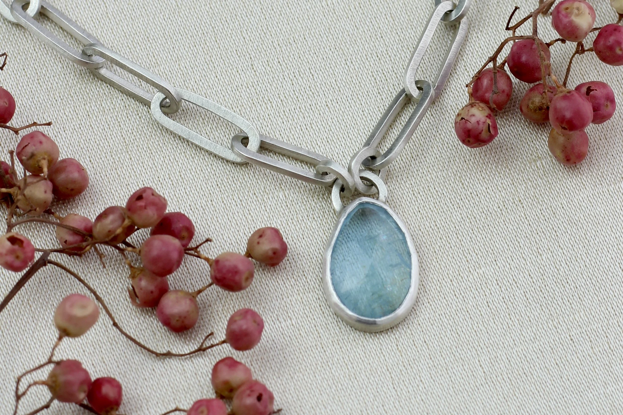 Satin Finish Paperclip Necklace with Aquamarine