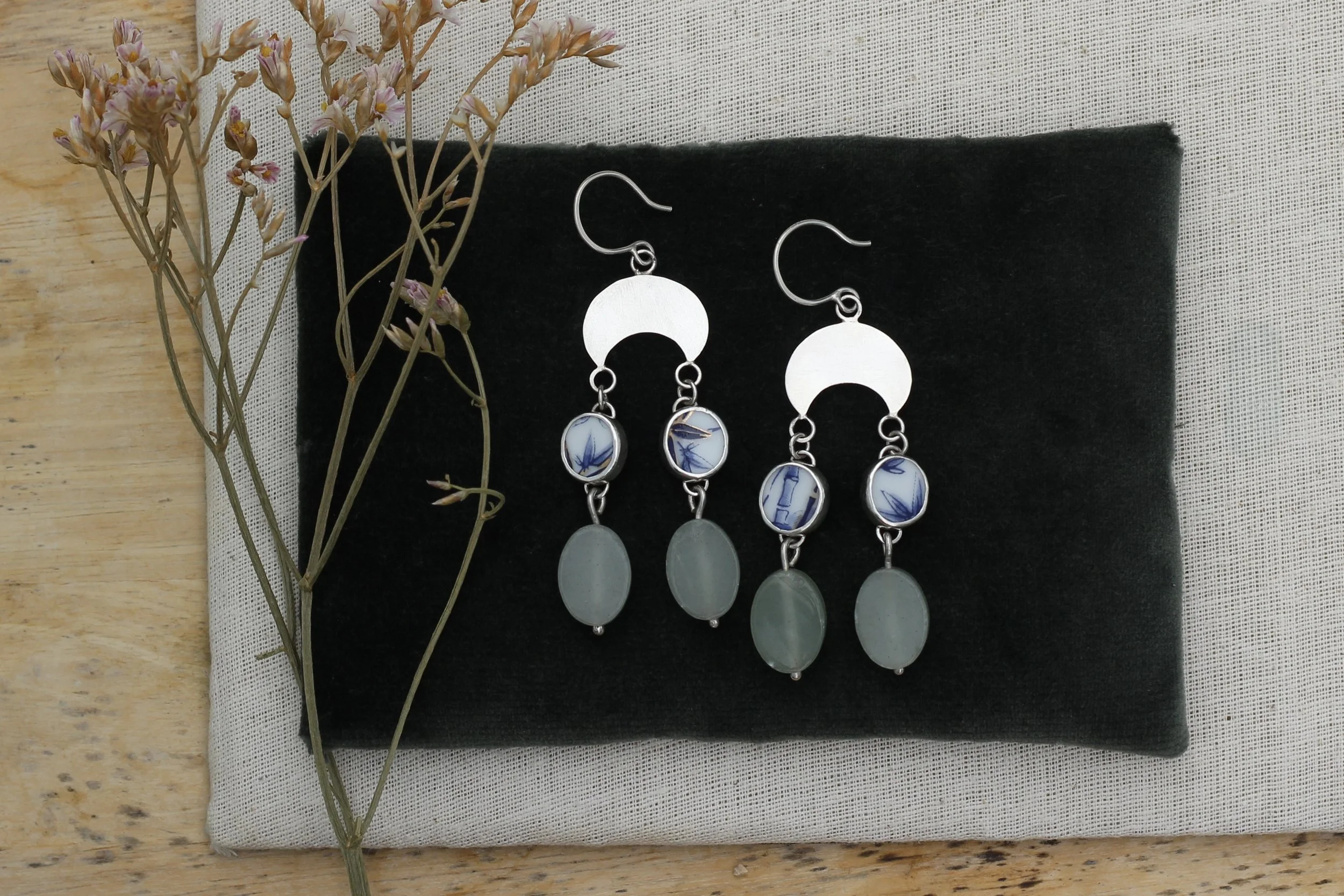 Dangle Earrings with Pottery & Aventurine