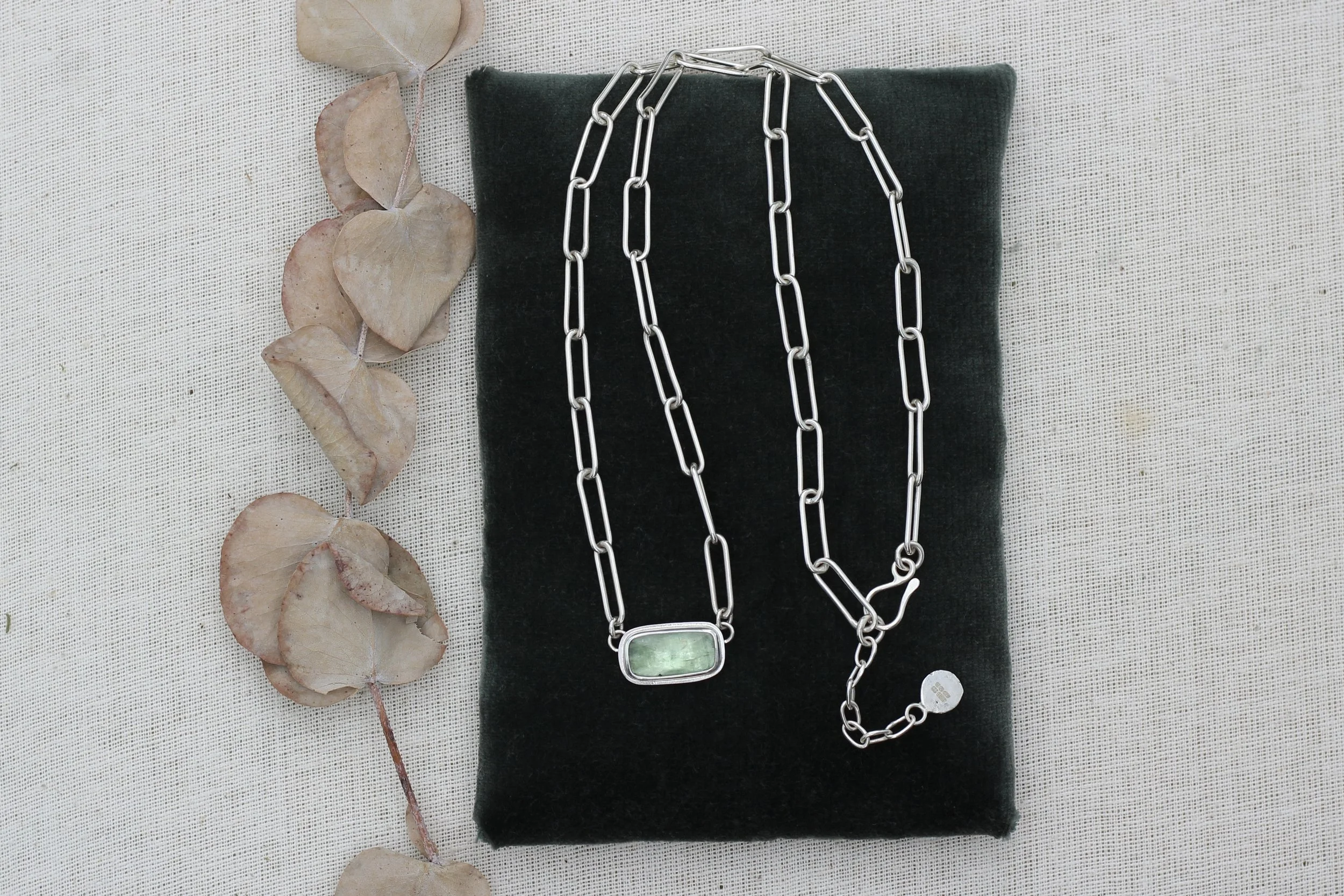 Paperclip Chain Silver Necklace with Green Kyanite