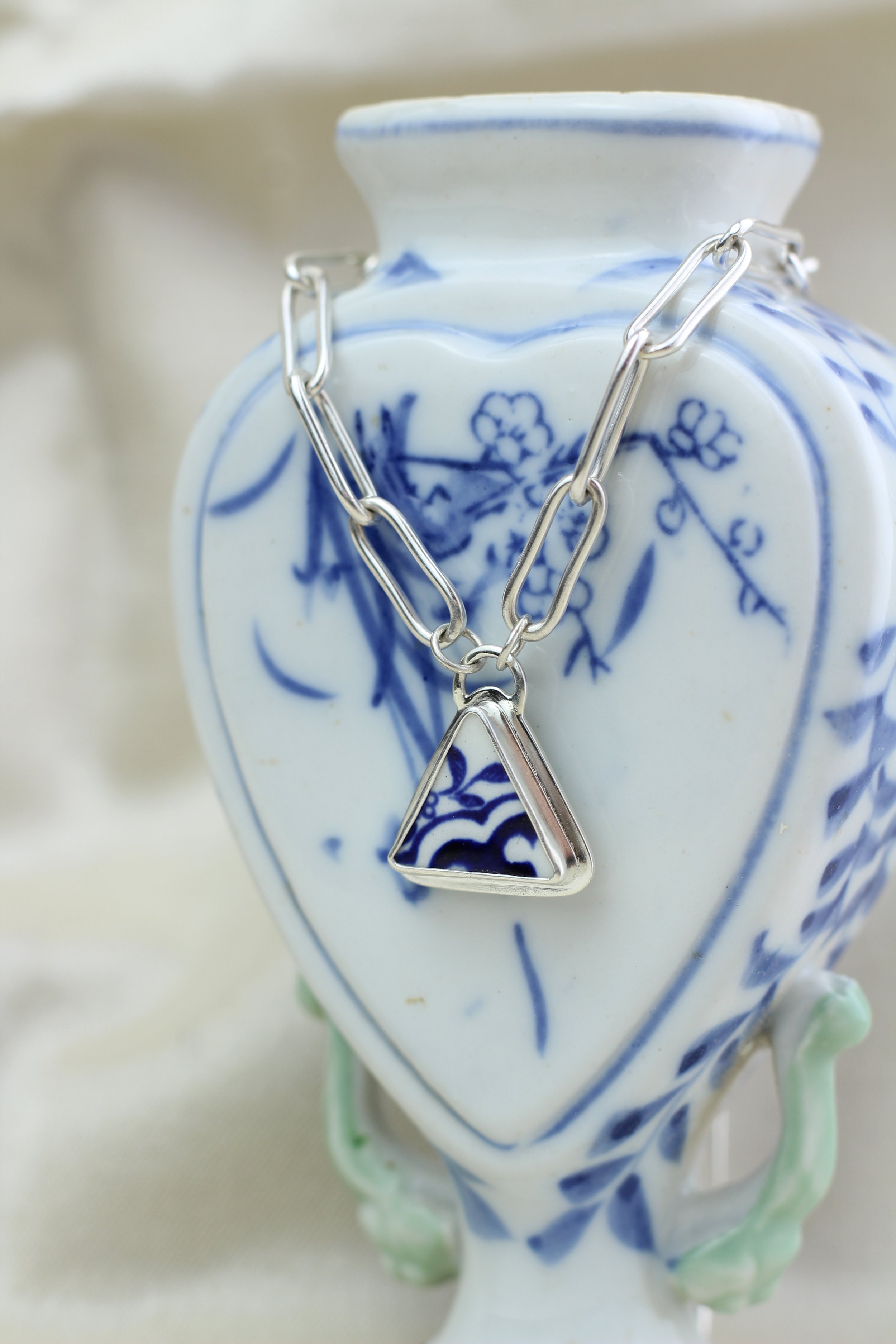 Silver Paperclip Chain and Pottery Necklace
