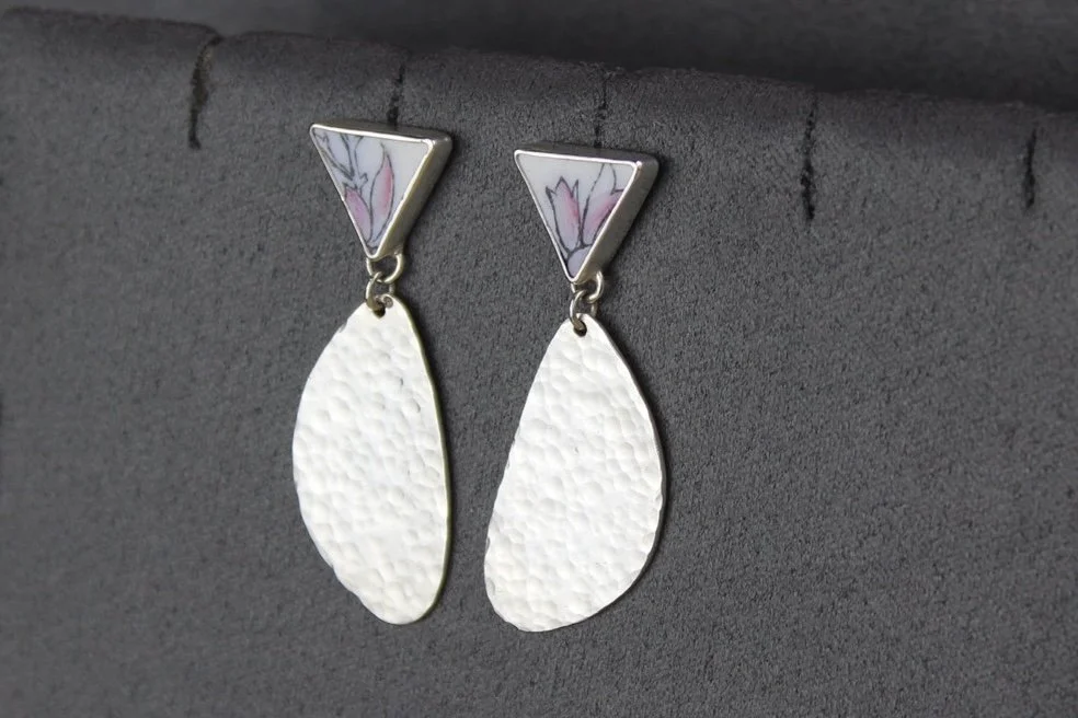 Silver and Pottery Hammered Texture Earrings