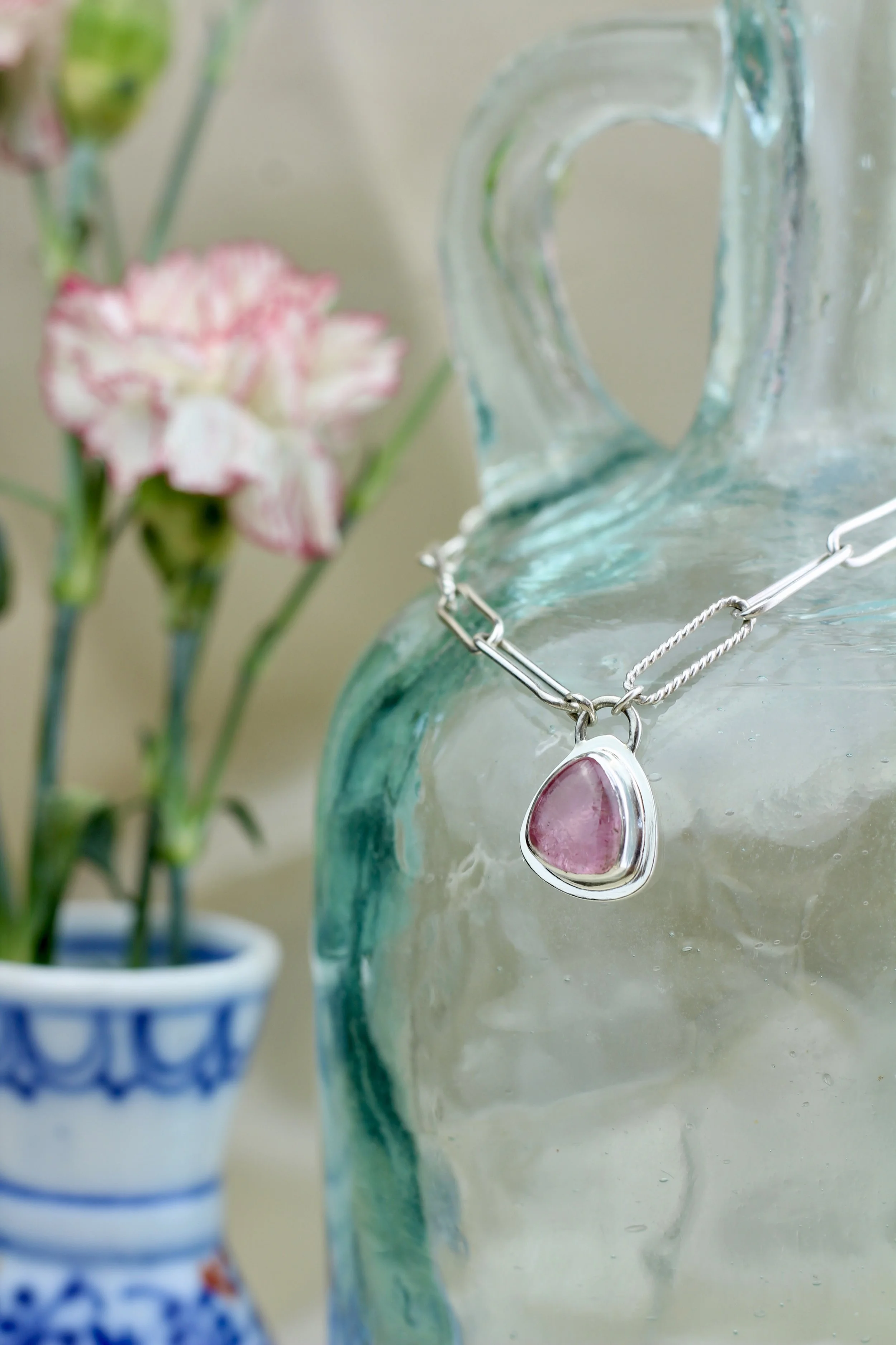 Twisted Wire Paperclip Chain Necklace with a Baby Pink Tourmaline