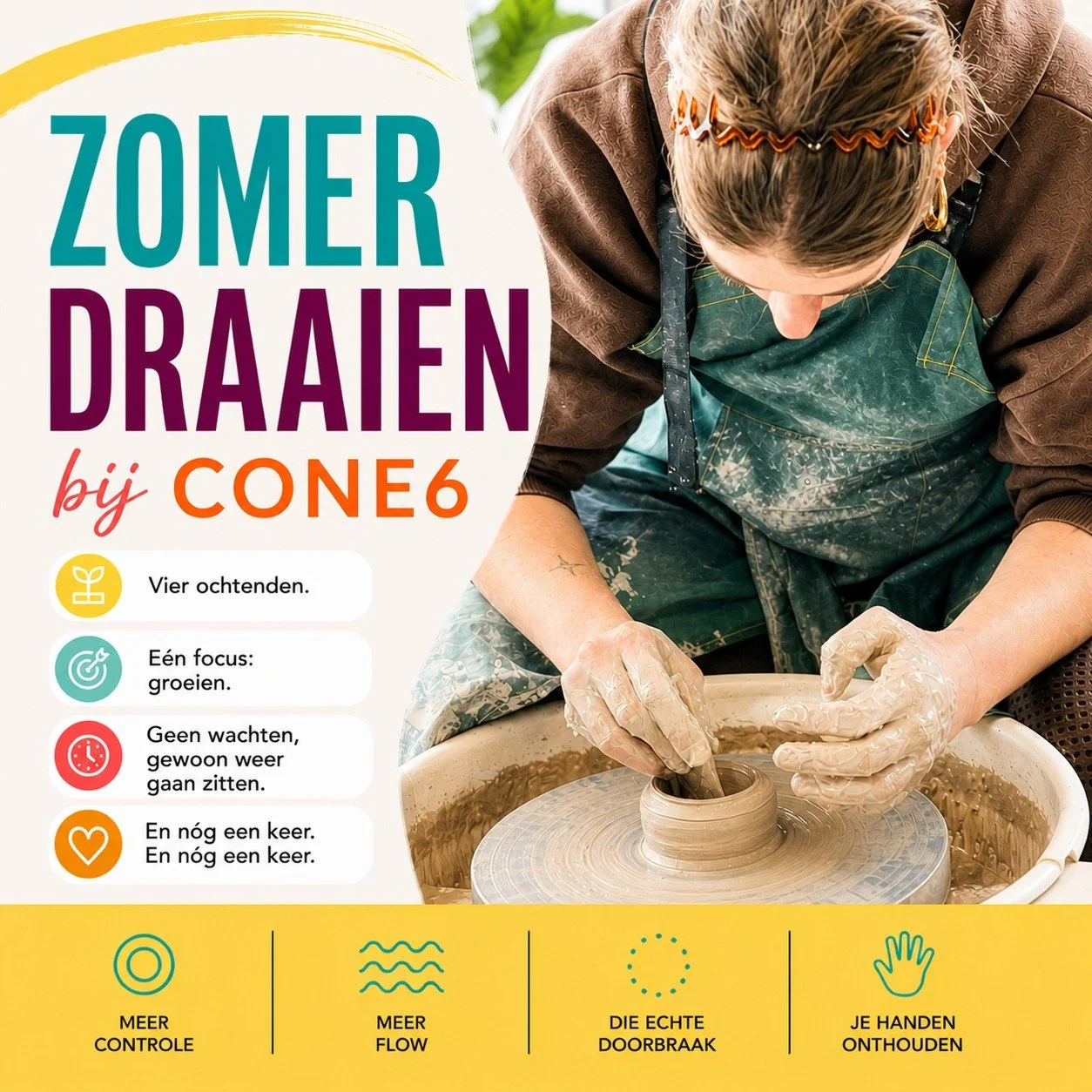 Zin in een mini vakantie&hellip; maar dan met klei? 

Vier ochtenden helemaal in je eigen flow. Even uit je hoofd, met je handen bezig, en elke dag merk je: h&eacute;, dit gaat beter.

Geen week wachten om het opnieuw te proberen, maar gewoon morgen 