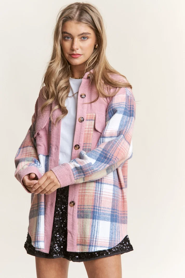 Colorblock Plaid Button Up Jacket