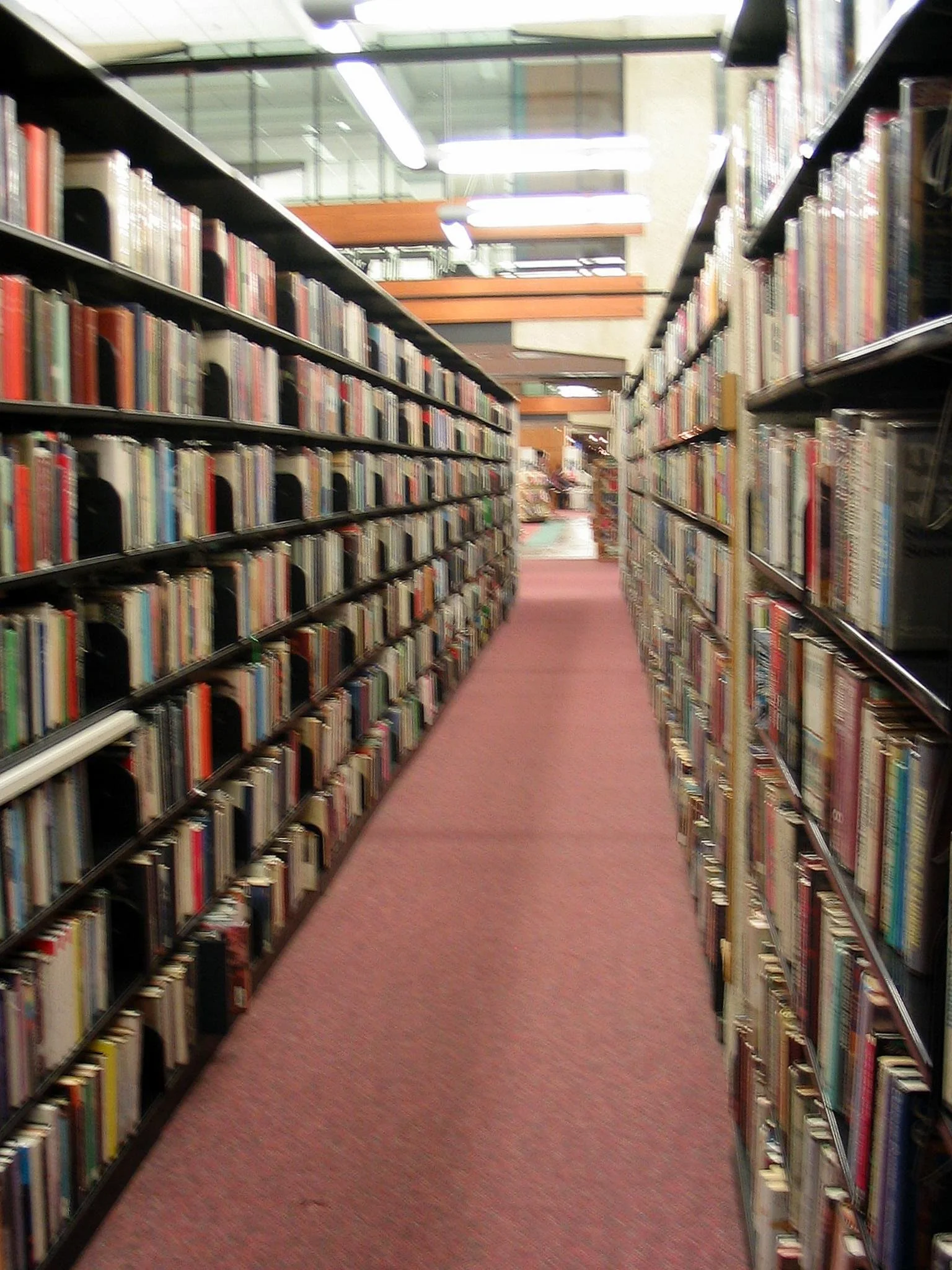 A long aisle between tall library bookshelves, with a red carpet and fluorescent ceiling lights. Archival photograph by Quadell, October 2004.