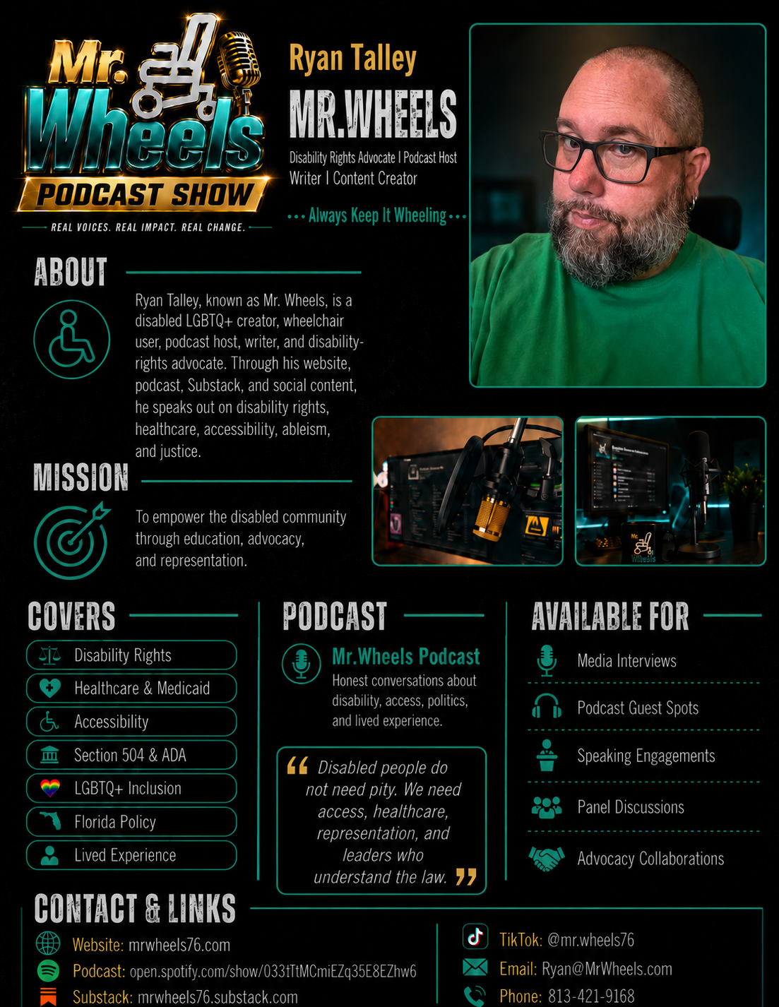 Mr. Wheels media kit featuring Ryan Talley, podcast branding, disability-rights advocacy, coverage topics, collaboration opportunities, and contact information.