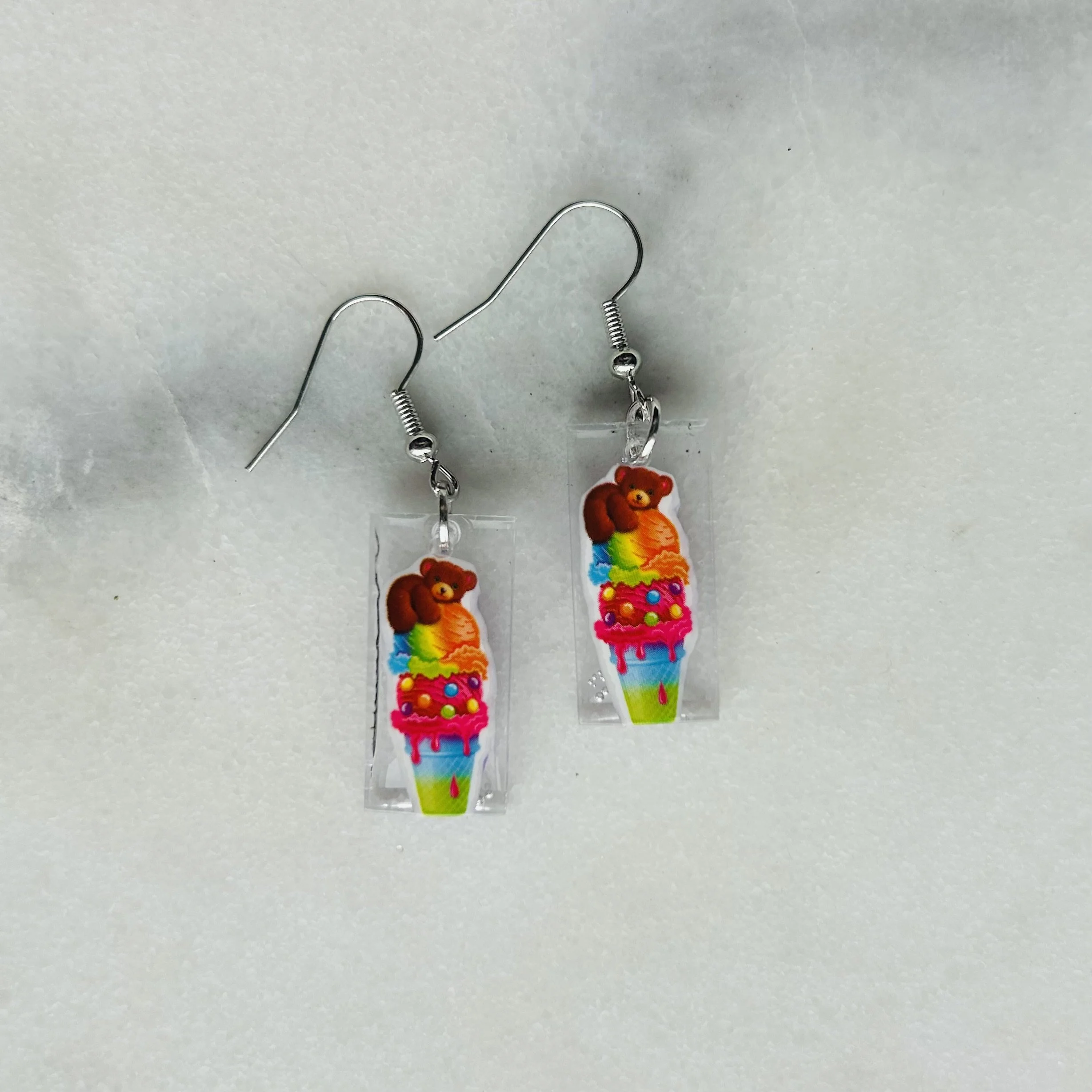 Teddy Bear Ice Cream Cone - Lisa Frank Sticker Earrings