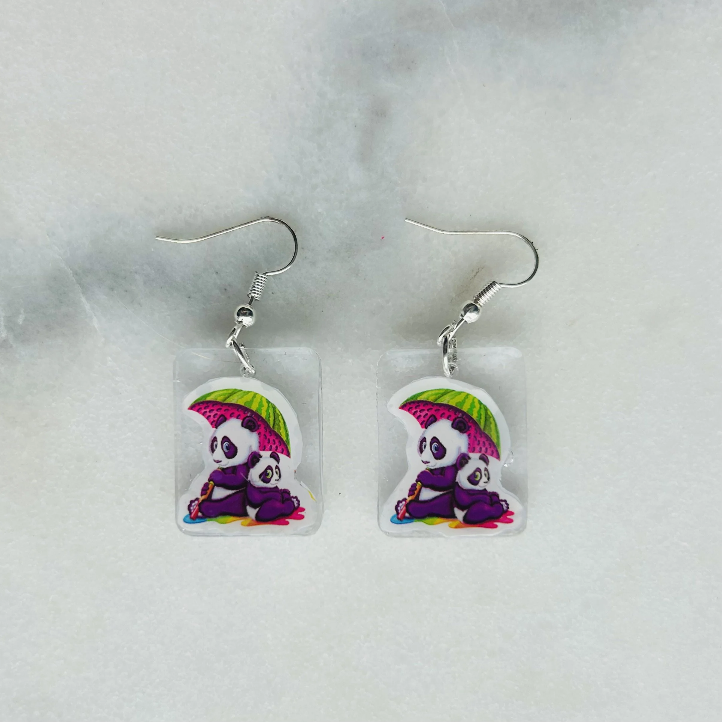Panda & Baby Watermelon Umbrella - Lisa Frank Sticker Earrings