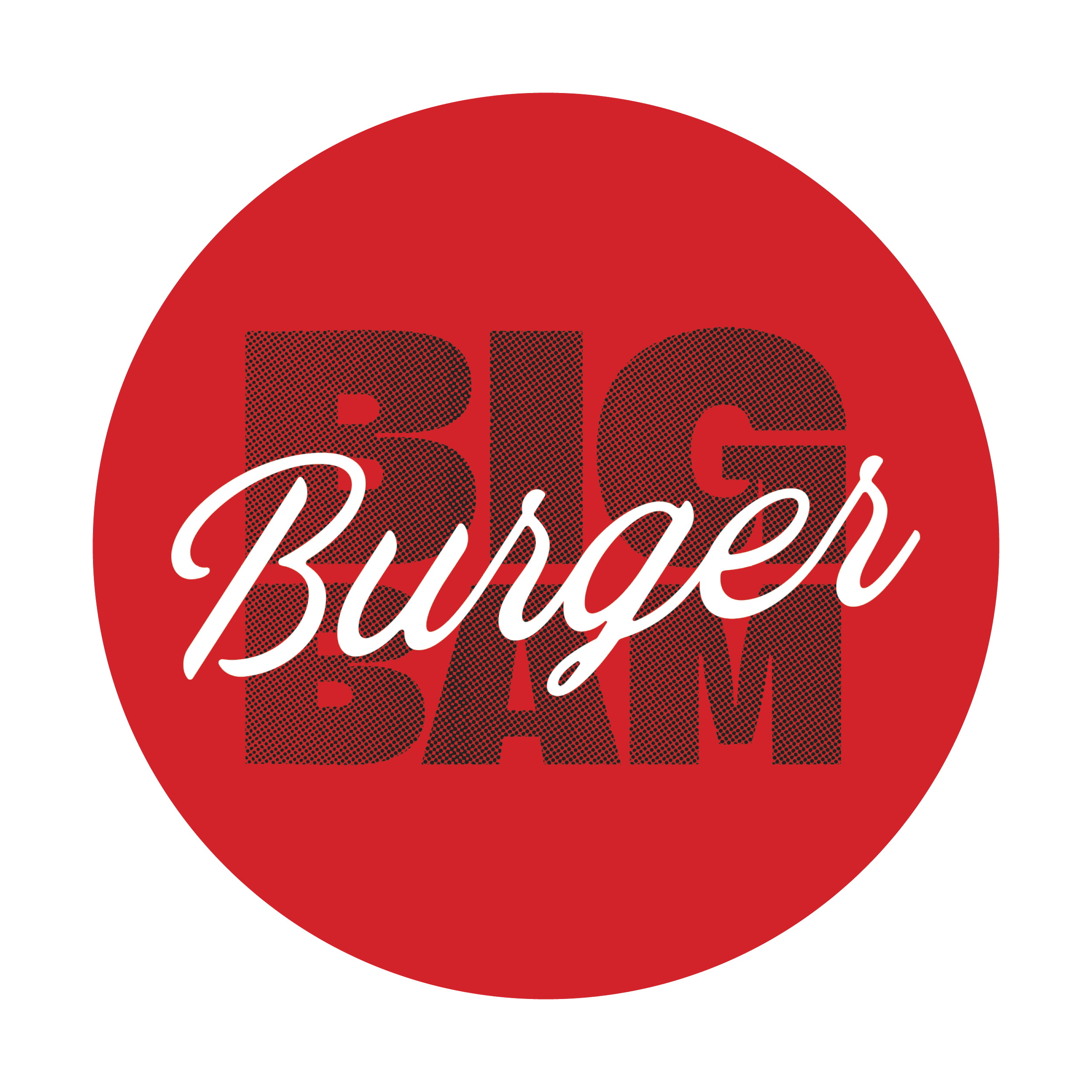 Logo for Big Bam Burger. A red circular logo with the text 'BIG BAM' in black dotted pattern and 'Burger' in white cursive font overlaying the circle.