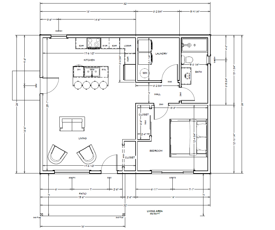 Floor plan of a single-story house showing rooms such as living room, bedroom, kitchen, laundry, bathroom, closets, hall, and patio with detailed measurements.