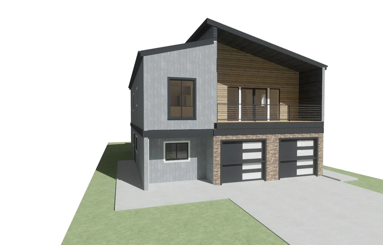 Modern two-story house with a concrete and wood exterior, garage doors on the lower level, and a large covered balcony on the upper level.