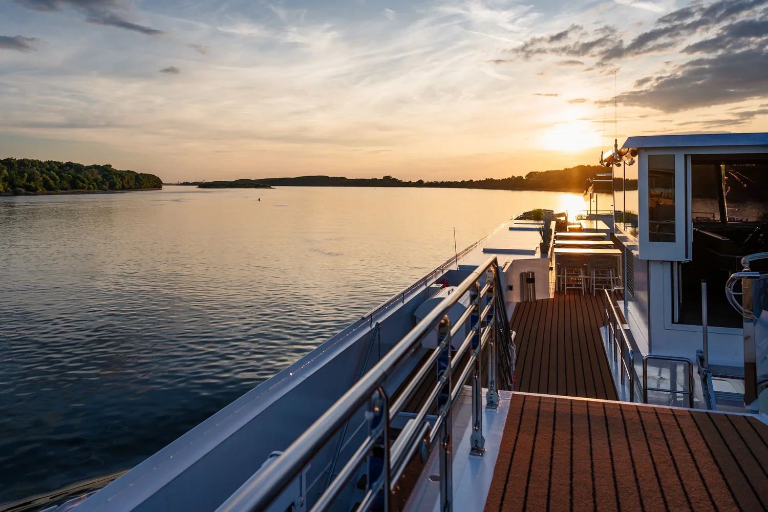 Sundeck of a river cruise ship at sunset on the Danube