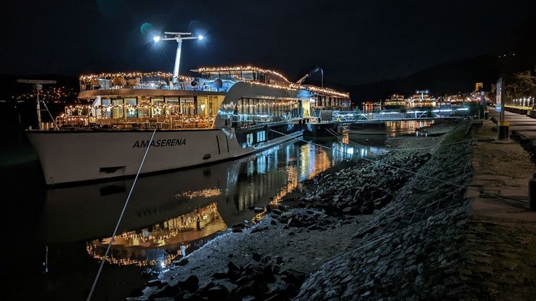 River cruise ship docked at R&uuml;desheim, by night