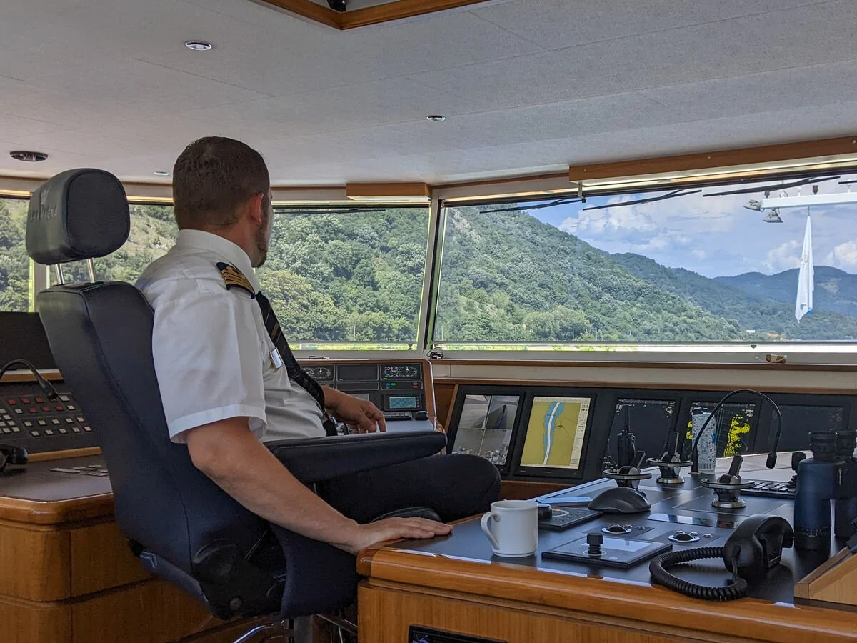 The wheelhouse of a river cruise ship on the Danube