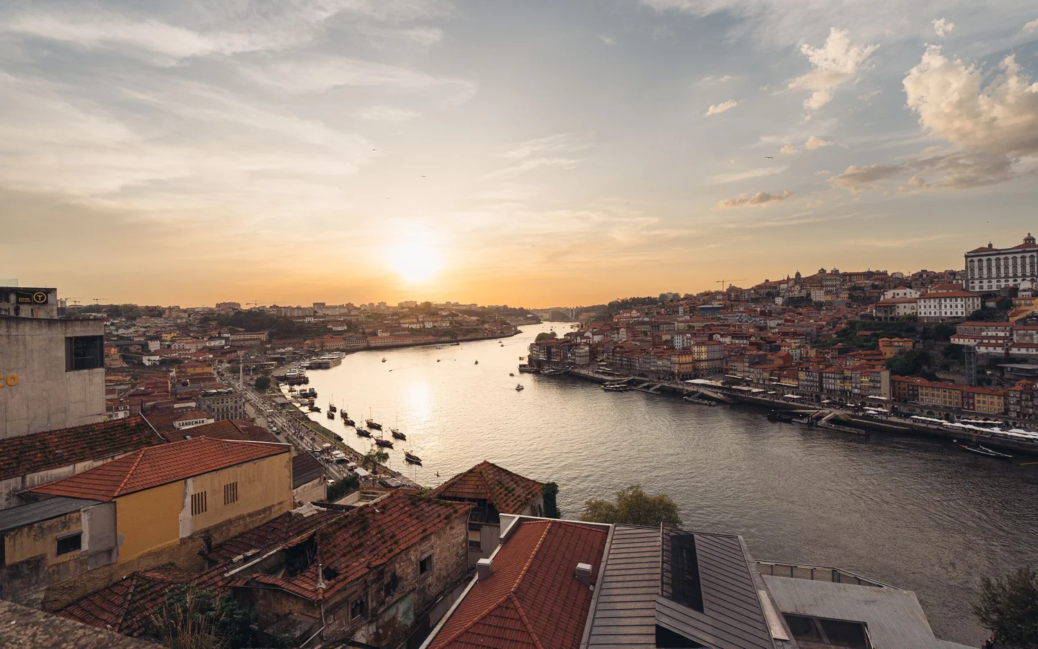 The Douro River at golden hour, seen from above Porto