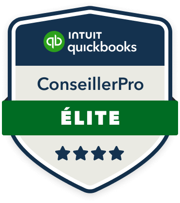 Logo de badge d'élite d'Intuit QuickBooks ConseillerPro avec quatre étoiles.