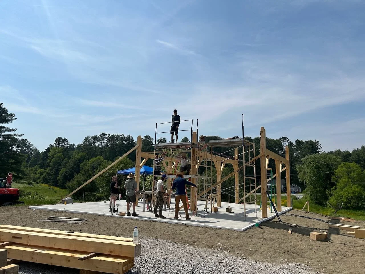 Timber frame raising site with bents standing upright in the sunshine