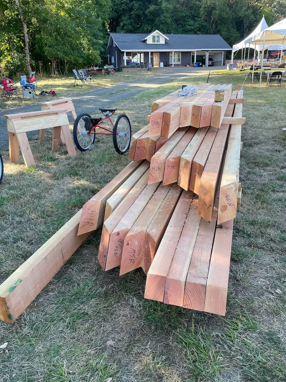 Stack of cut rafters at Greenbelt Land Trust