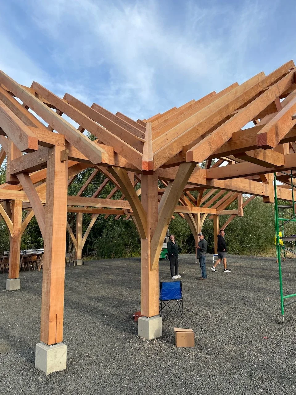 Looking up at a valley rafter in a timber framed roof