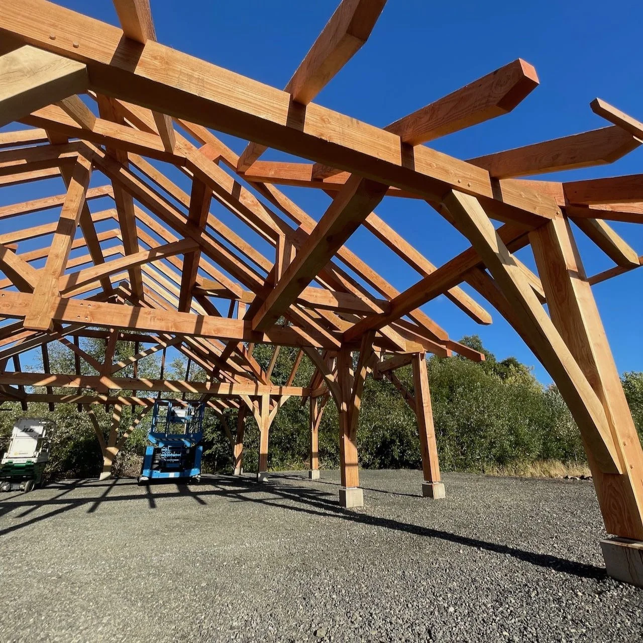 Low angle shot of newly raised timber frame pavilion