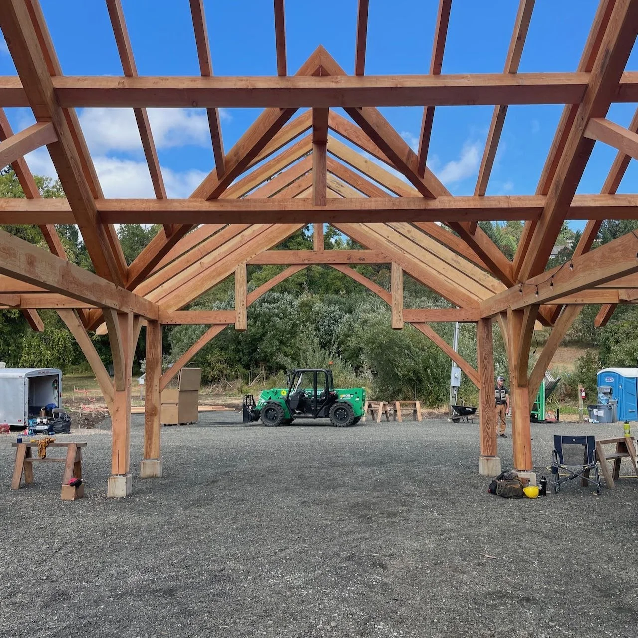 Hammer beam truss, valley rafters, and purlins at Greenbelt Land Trust
