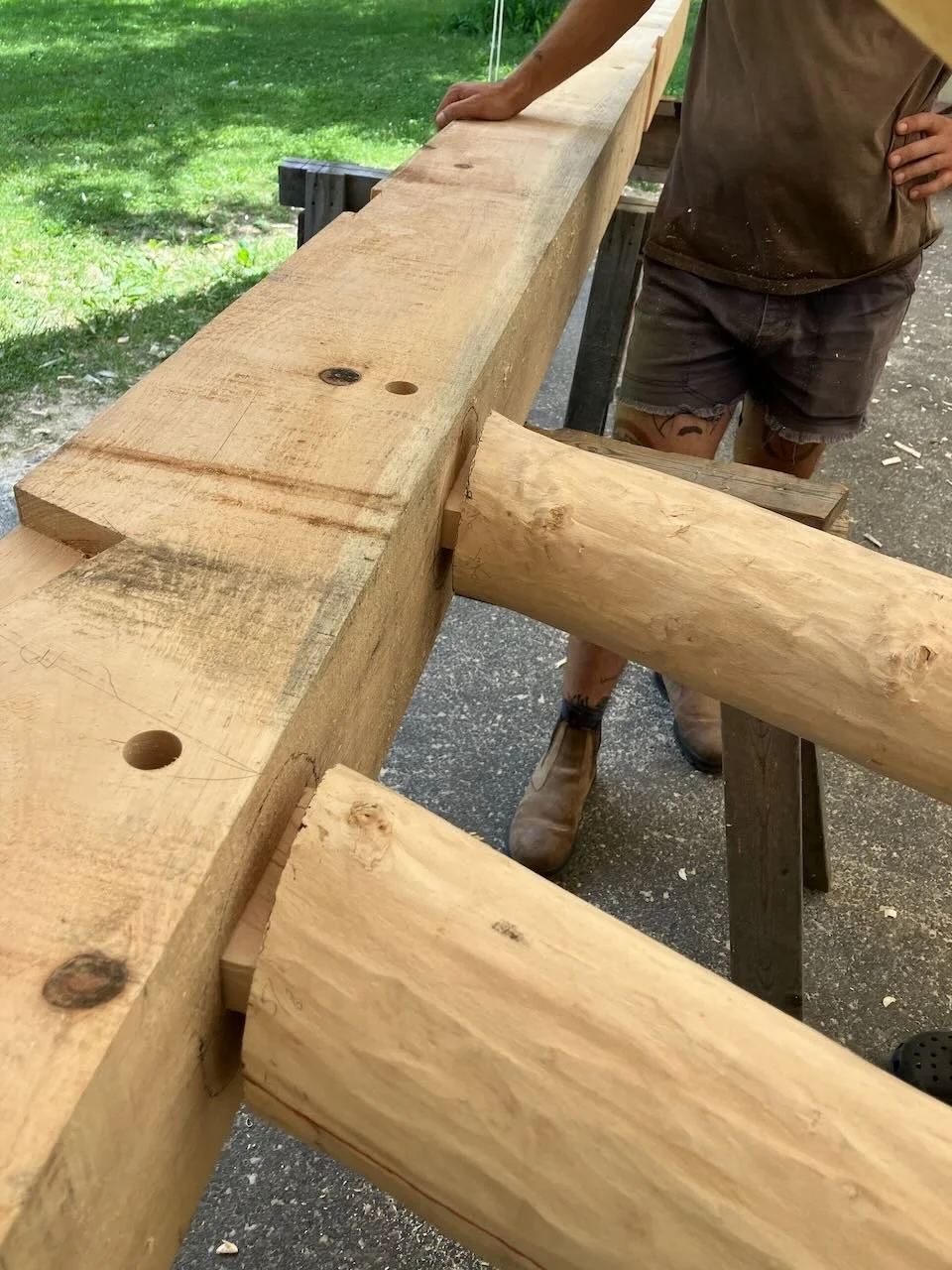 Assembling mortise and tenon joinery on scribed tree fork post