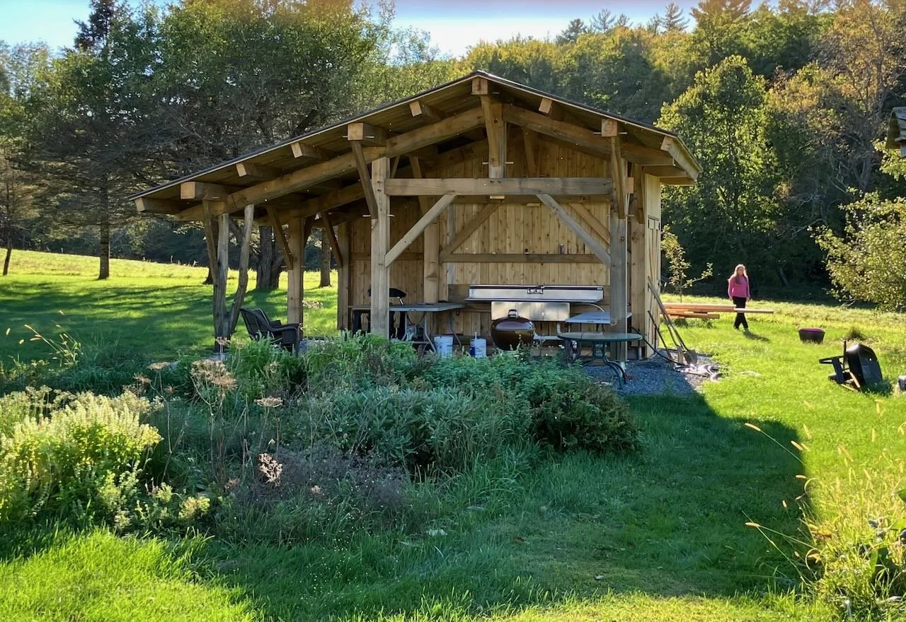 Finished garden shed in sunny field of grass