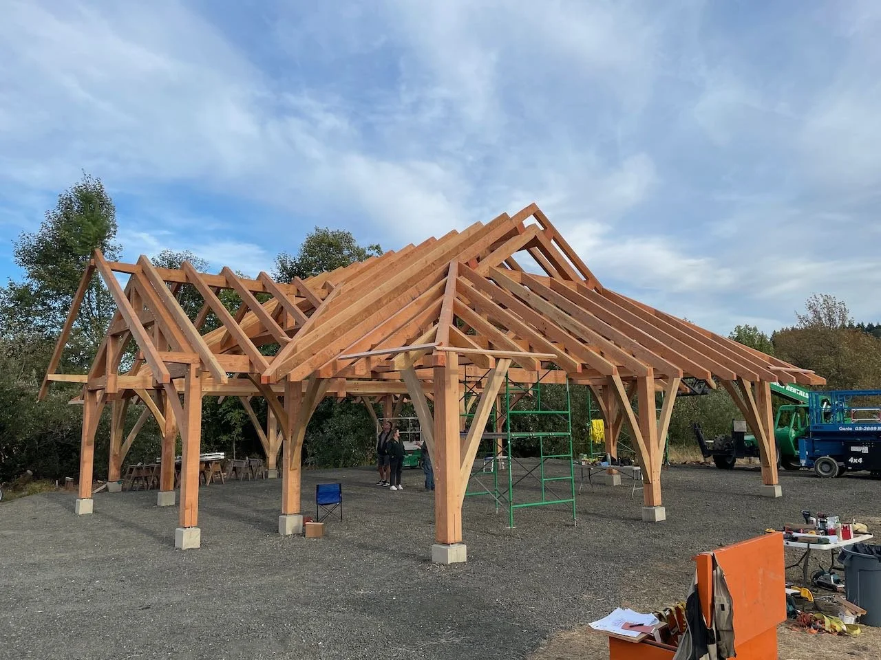 Exterior view of hip and valley roof in heavy timber