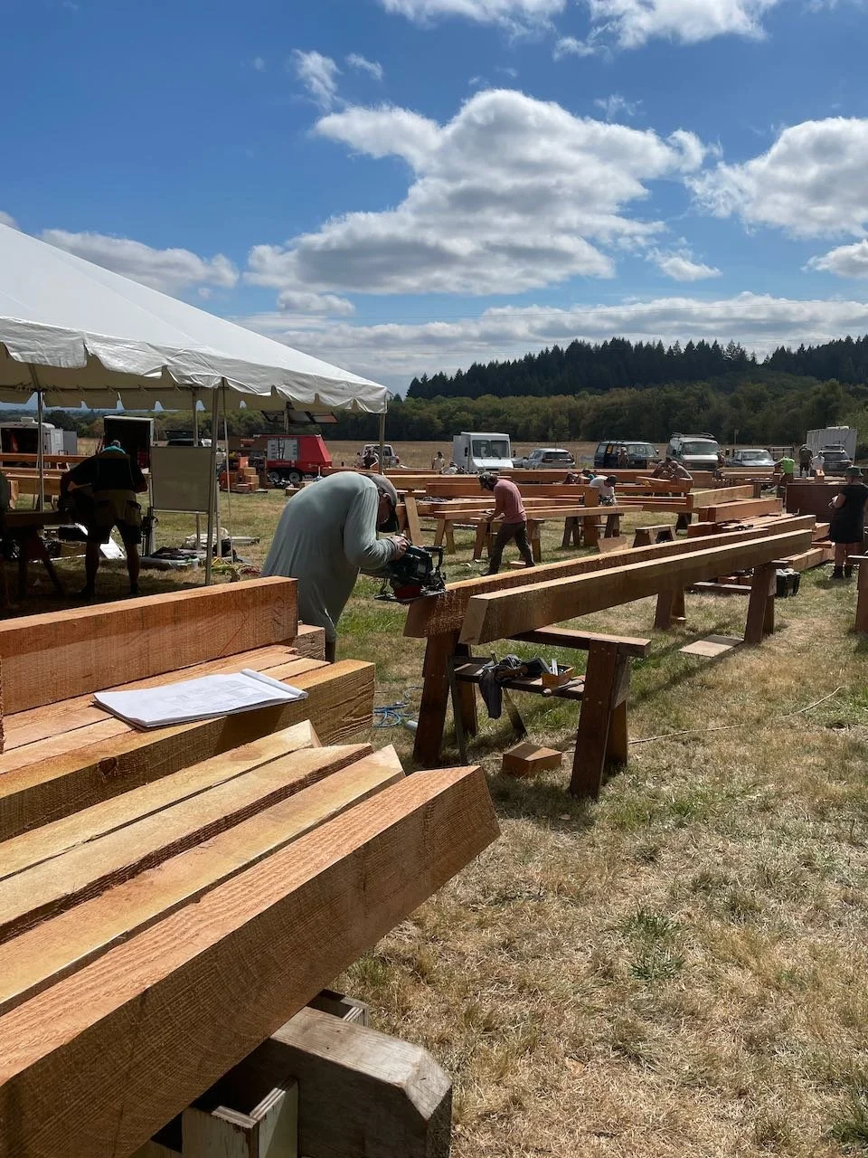 Timber framing workshop in a sunny field