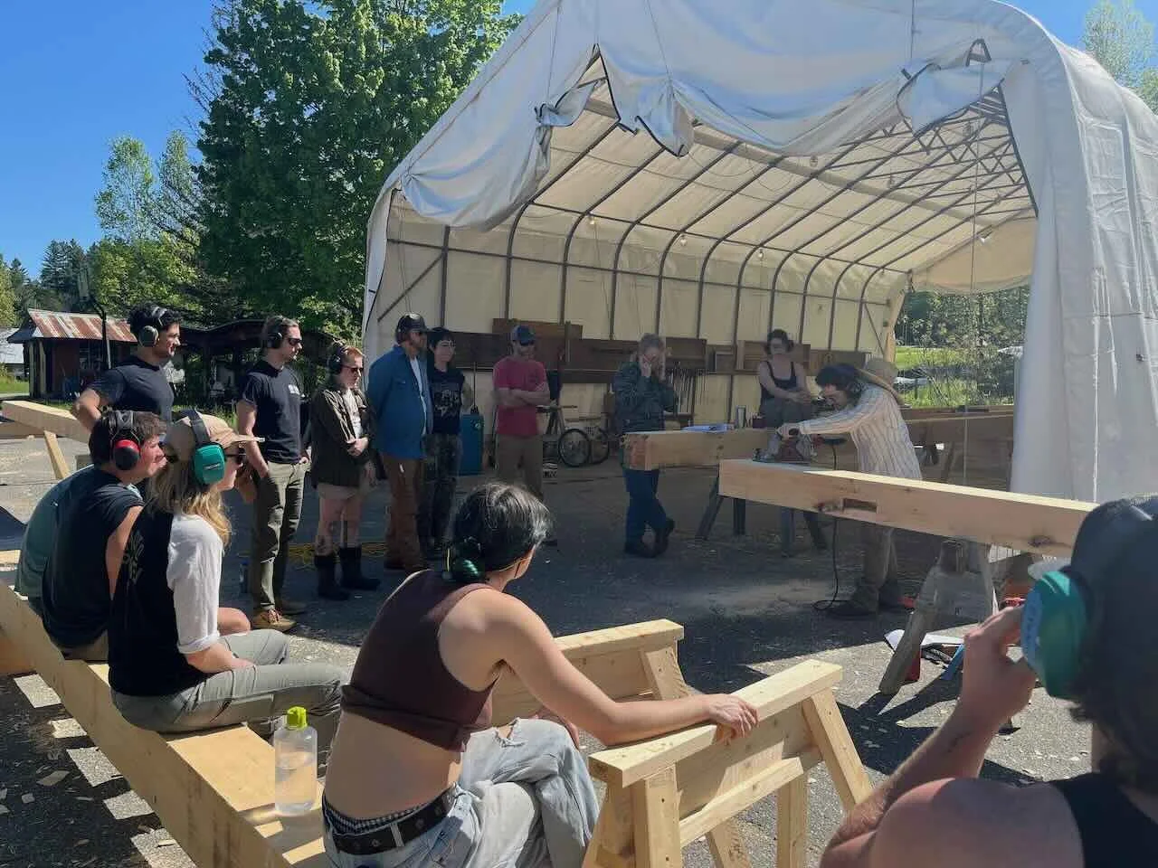 Participants gathered for a power tool demo at Yestermorrow