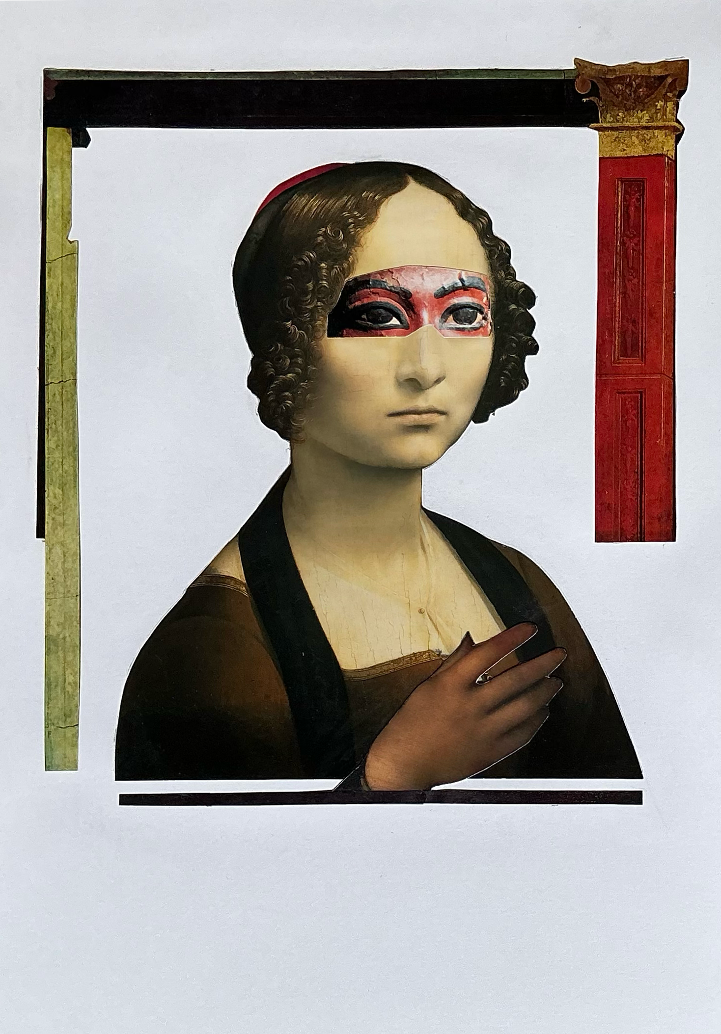 Geneva di Benci and a red column. Collage. Paper. 3/2026. 17 x 11".