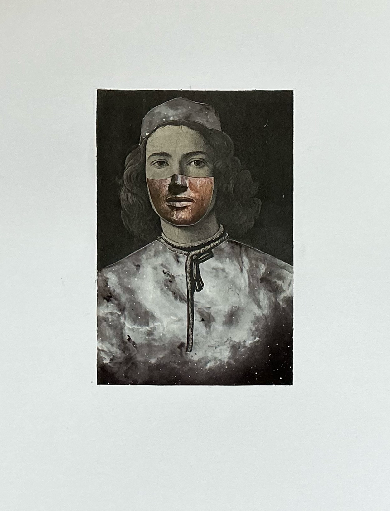 Hydrogen interspersed with dark patches of dust. Collage. Paper. 2/2026. 17 x 14".