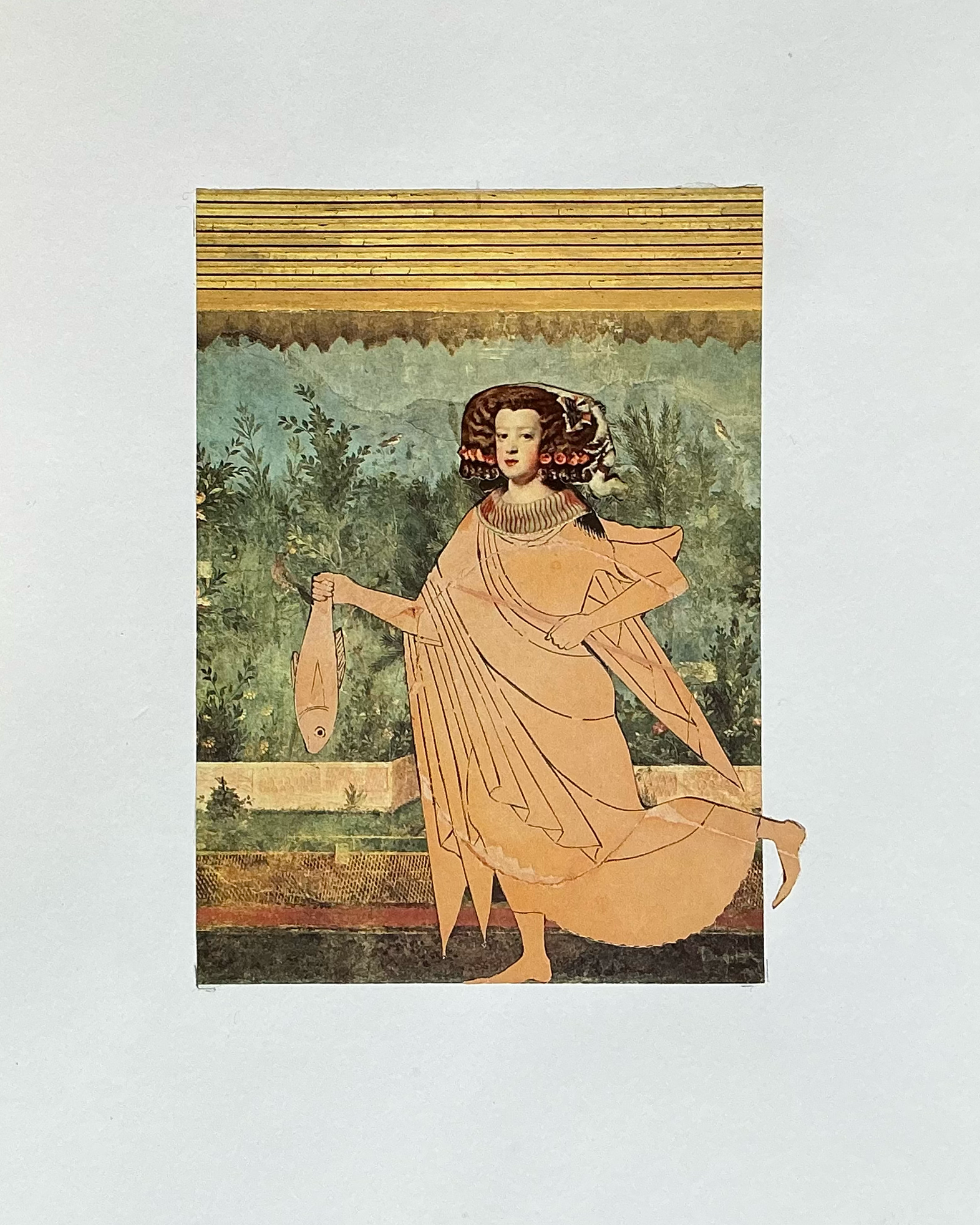 Walking Figure with a Fish.  Collage. Paper. 
12/2025. 17 x 14".