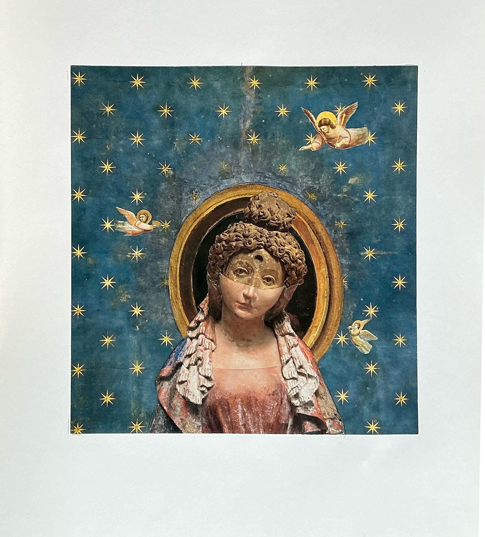 Figure in a starry night accompanied by Giotto's Angels. Collage. Paper. 12/2025.
17 x 14".