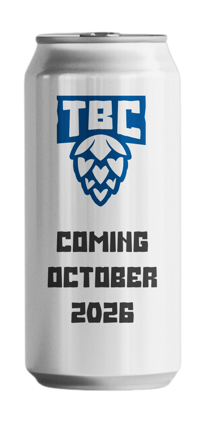 Silver can with a blue logo featuring a hop cone and the text "TBC", and black text that reads "Coming October 2026."
