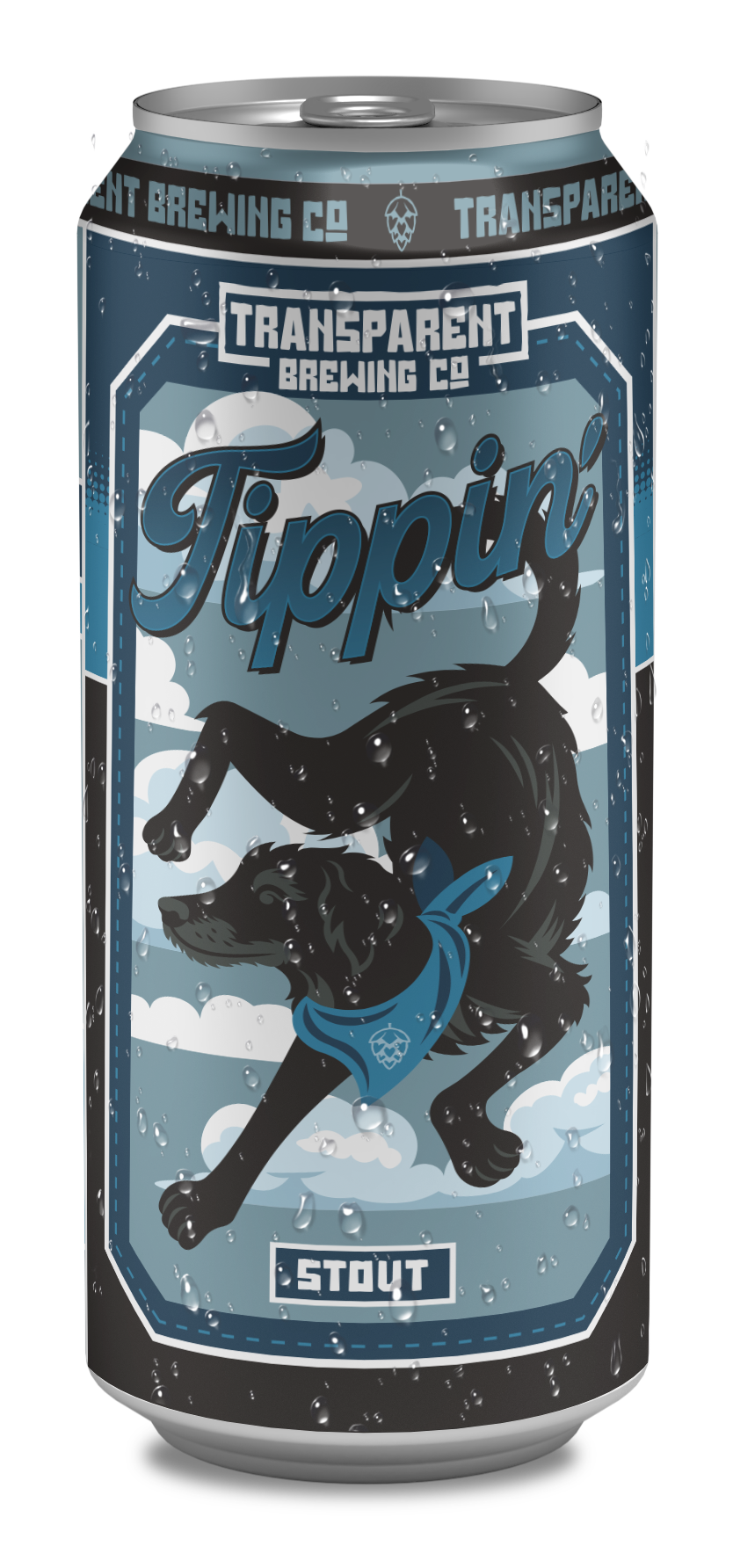 A can of Tipping Point Black IPA beer with a black labrador wearing a blue bandana on a cloudy background, water droplets on the can.