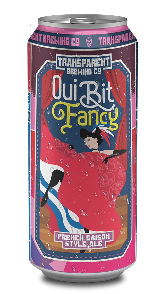A colorful aluminum can of Oui Bit Fancy beer with a whimsical illustration of a woman in a red dress, black hat, and stockings, sitting on a pink sofa with red curtains, advertising a French saison style ale from Transparent Brewing Co.
