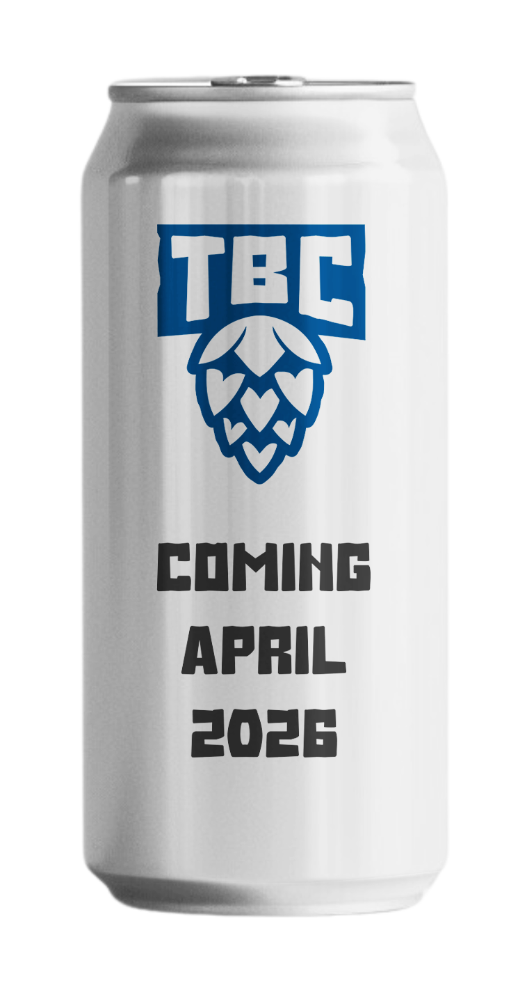 A silver soda can featuring a blue hops cone with the letters 'TBC' above it, and text that says 'Coming April 2026' below the logo.