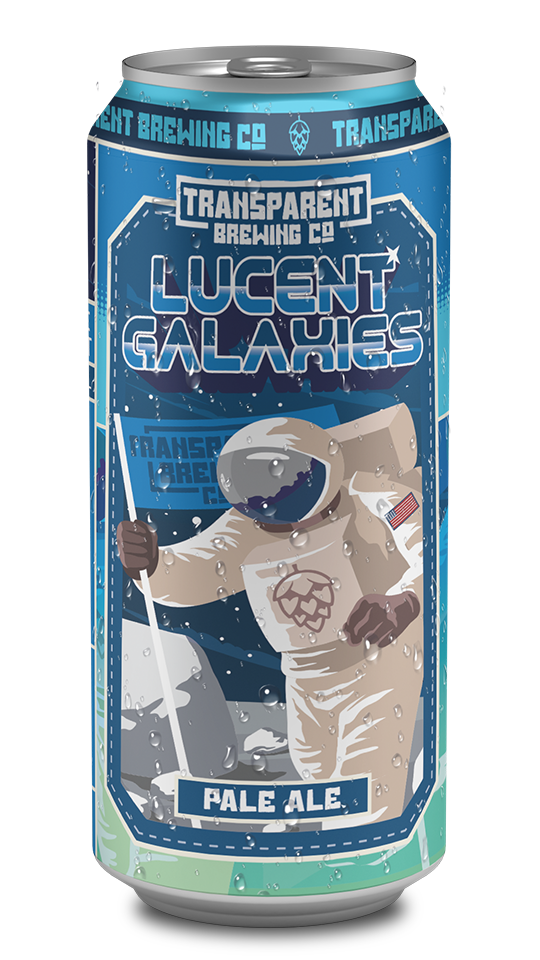 A can of Lucent Galaxies Pale Ale beer featuring a space-themed design with an astronaut holding a flag, set against a starry galaxy background.