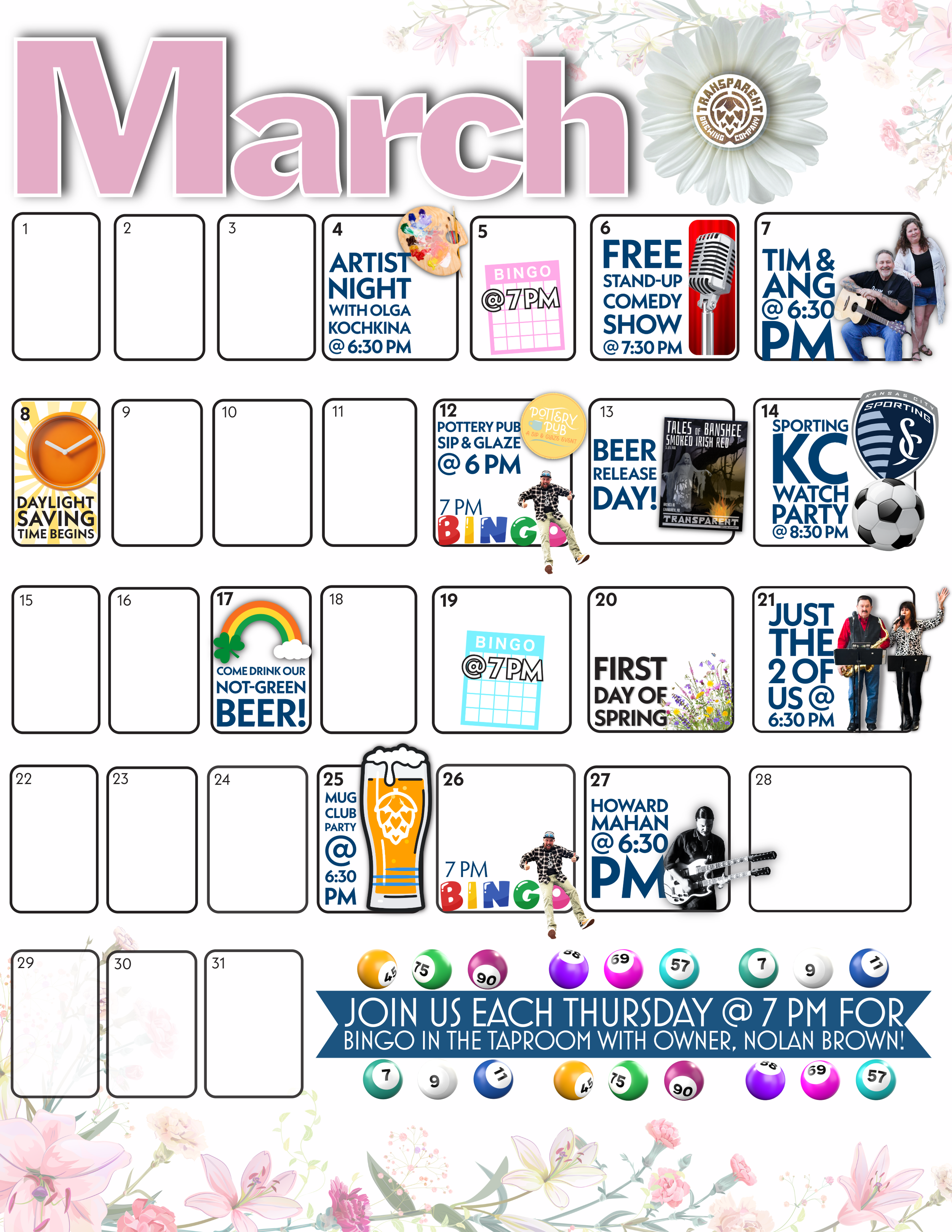 calendar view of all March events for the taproom