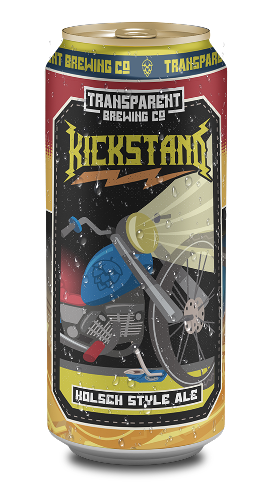 A can of Kickstand Kolsch Style Ale from Transparent Brewing Co., featuring a graphic of a motorcycle with a spotlight shining on it, water droplets, and vibrant colors.