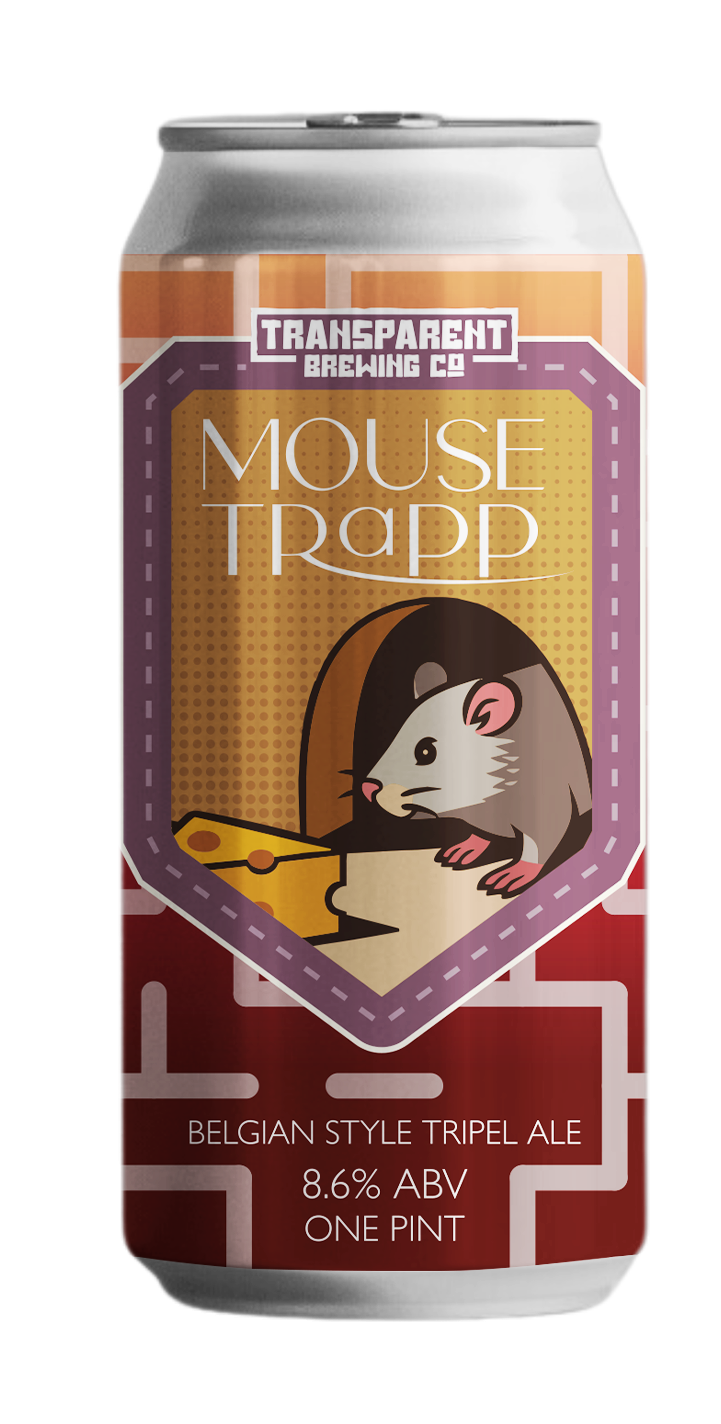 A beer can labeled 'Mouse Trap' from Transparent Brewing Co., featuring a cartoon mouse with a piece of cheese, describing it as a Belgian style tripel ale with 8.6% alcohol by volume, one pint.