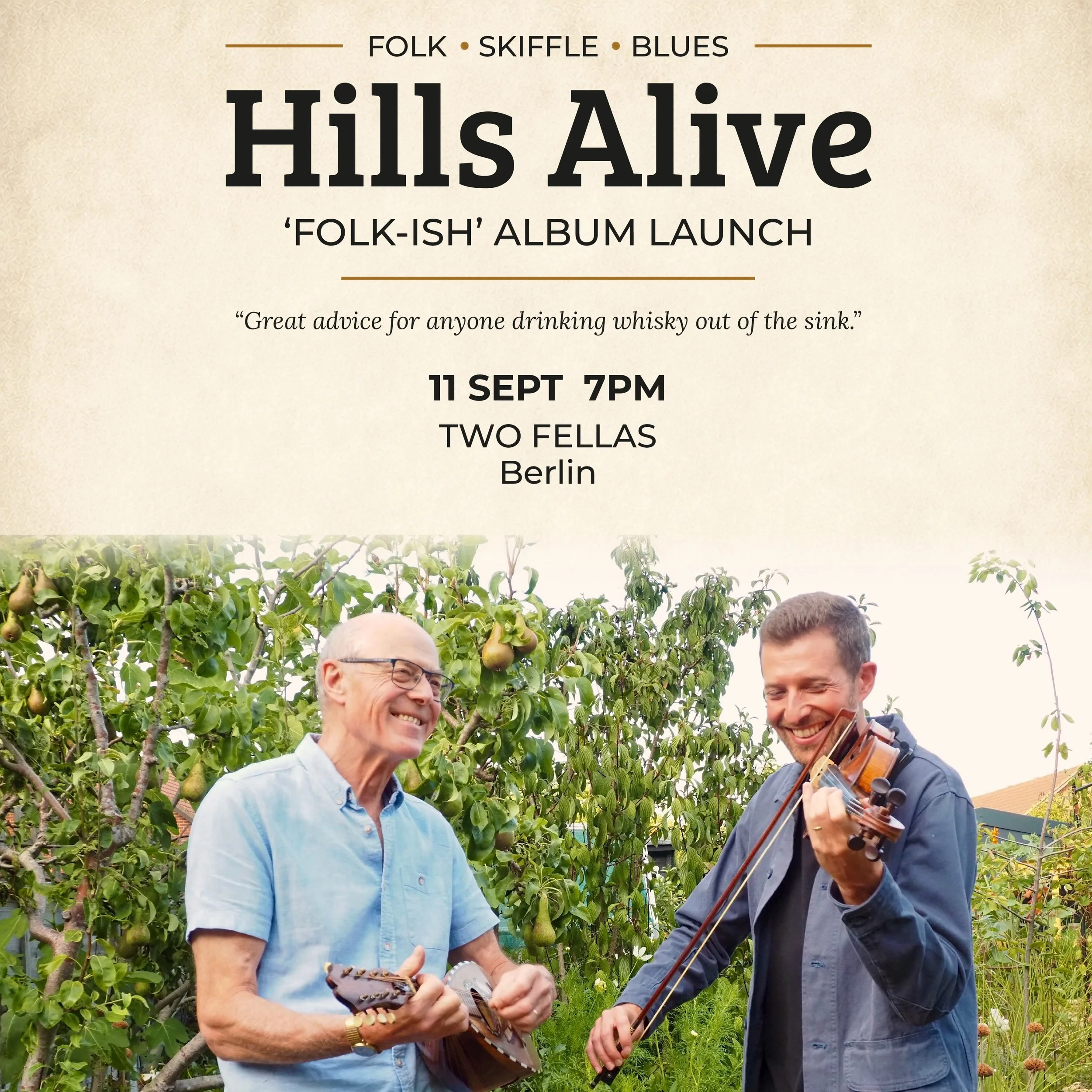 FATHER &amp; SON, FOLK &amp; GOOD TIMES 🎶

We&rsquo;re so happy to have Hills Alive at Two Fellas on Friday, 11.09 at 7 PM for their very special debut album show! 🎸

This father &amp; son duo brings folk, blues and skiffle, with plenty of warmth, 