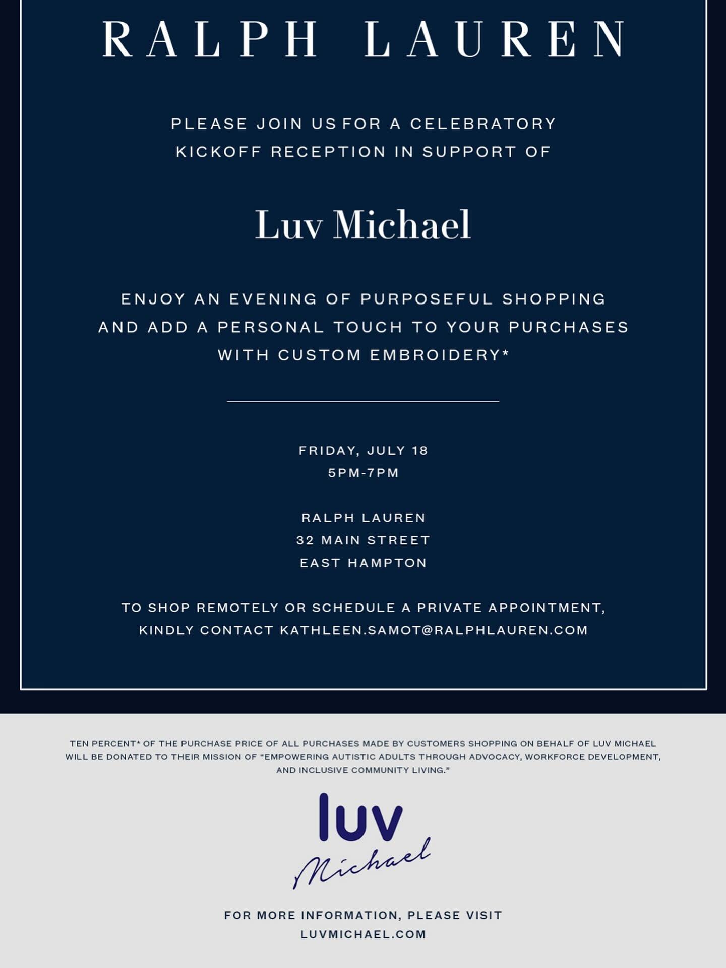 Reminder to join us today at Ralph Lauren East Hampton @ralphlauren for a special evening in support of @luvmichael 💙
Enjoy purposeful shopping and a personal touch with custom embroidery on your purchases.
Every purchase supports Luv Michael&rsqu