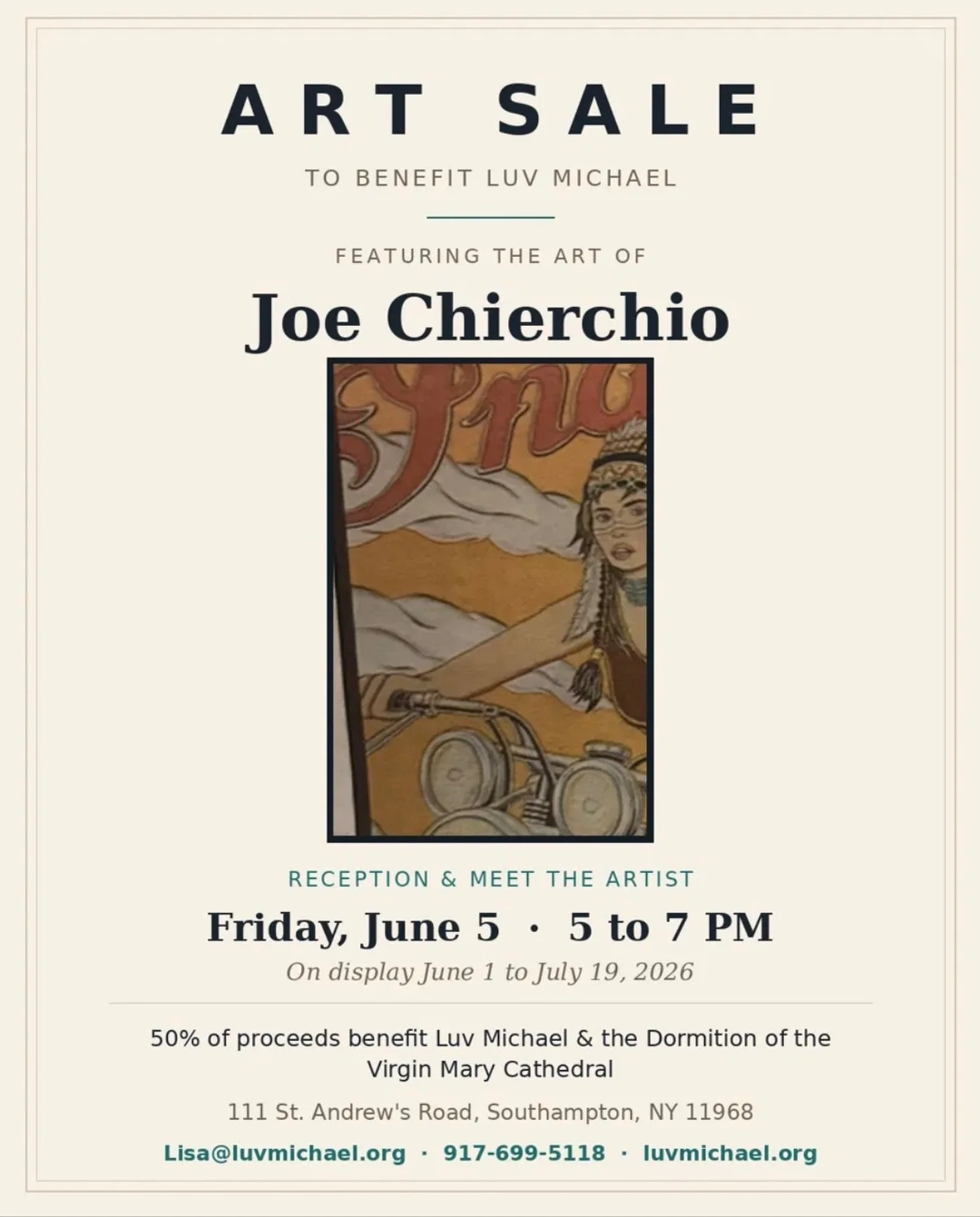 🎨 Art with heart.
Join us for an Art Sale to benefit Luv Michael, featuring the work of artist Joe Chierchio.
Meet the artist at our opening reception on Friday, June 5, from 5 to 7 PM. The collection is on display June 1 through July 19, 2026.
50% 