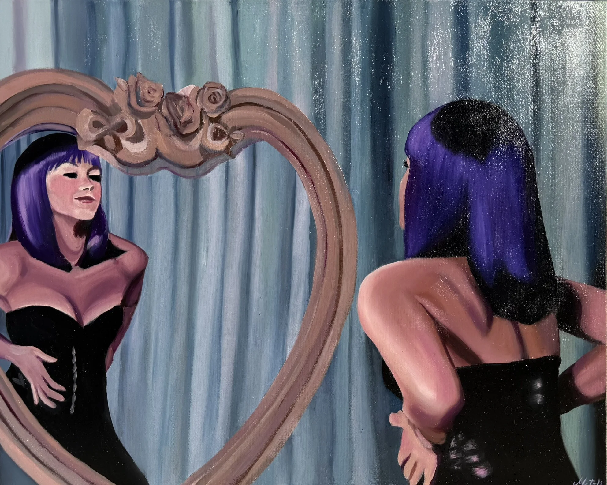 Metzli Flores Painting, Shakira, Pop Art, Contemporary Art, Woman wearing purple wig, feminine artwork, women in art, latina artwork, women in art, women in music