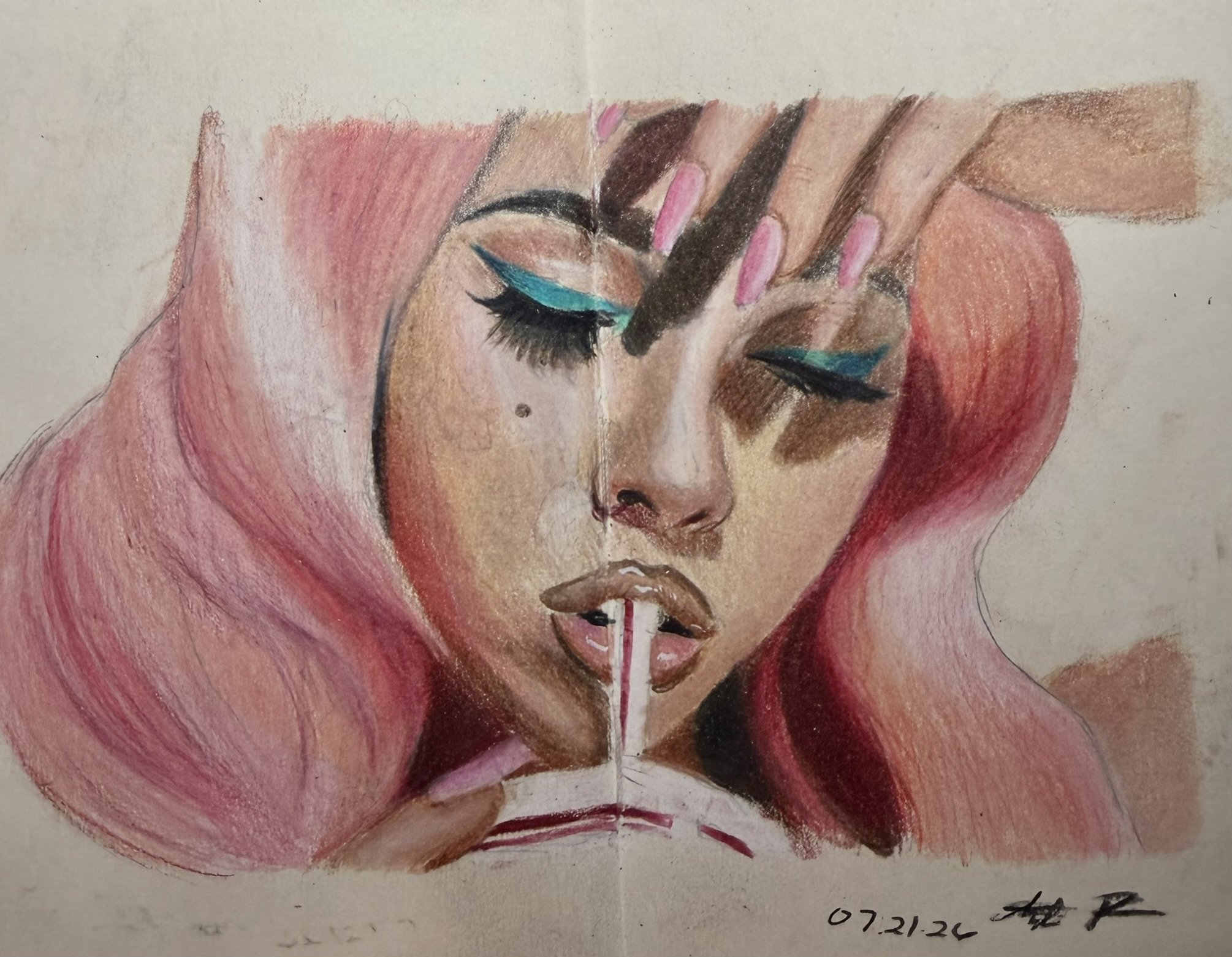 Sketchbook art, colored pencil drawing, kali uchis, metzli flores, fartingsky, pop art, contemporary art