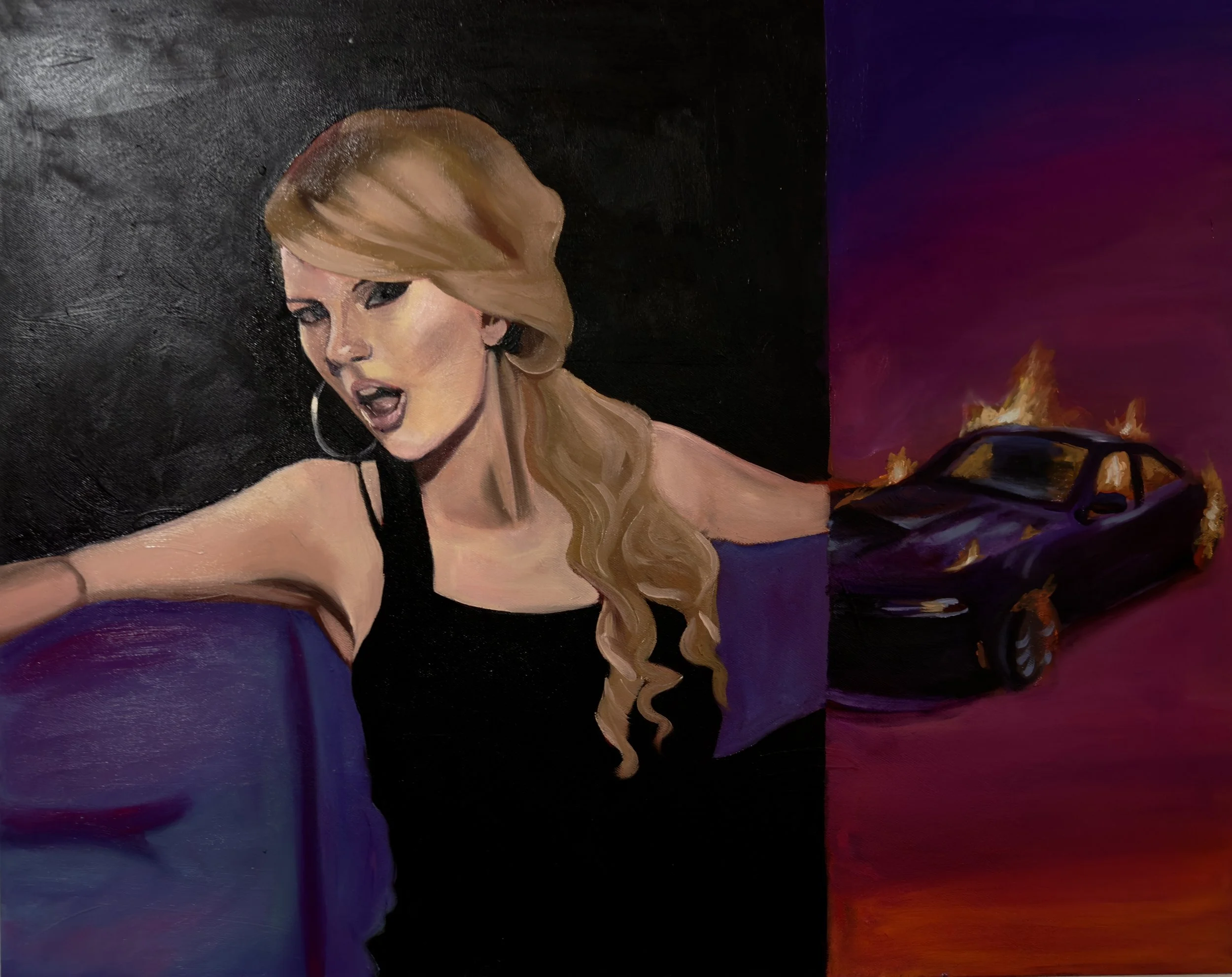 Taylor Swift Painting, Picture to Burn, Burning Car, Oil painting, car art, car painting, metzli flores, fartingsky, 63305