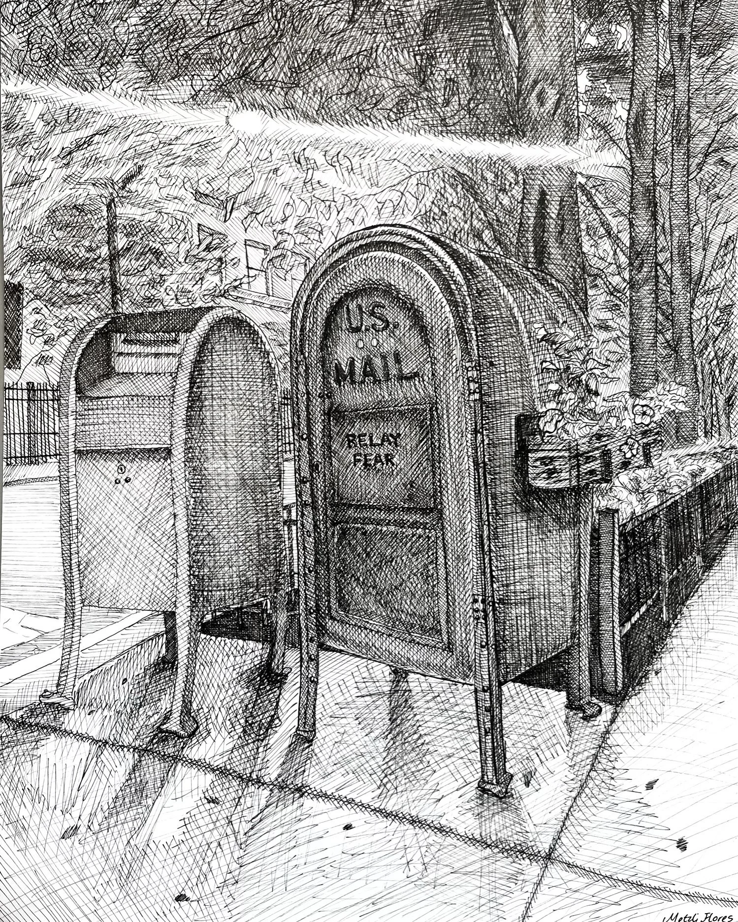 Junk Mail, Metzli Flores, Crosshatching, Ink on Paper, Chicago Artist, Political Art, Artistic, Metzli, Arte, Berwyn, Oak Park, Fartingsky, Farting Sky,